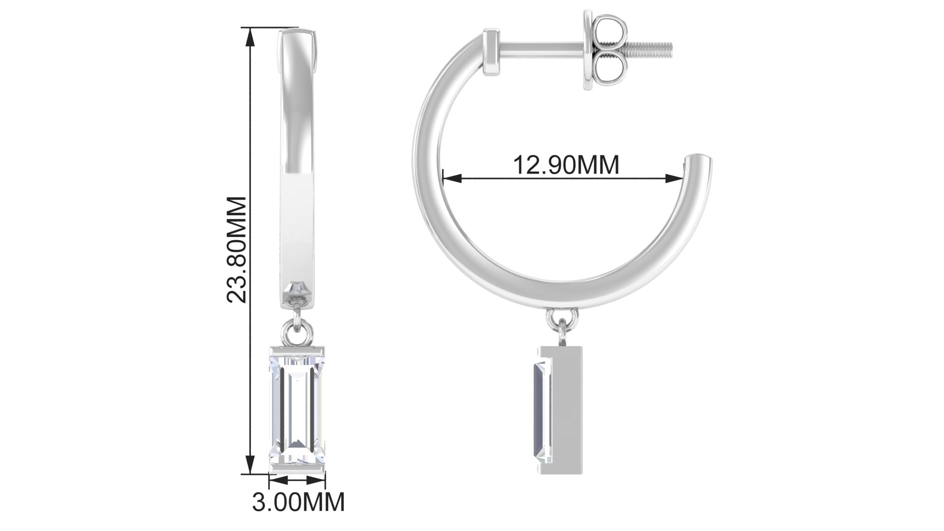 Natural Baguette Diamond Drop Hoop Earrings