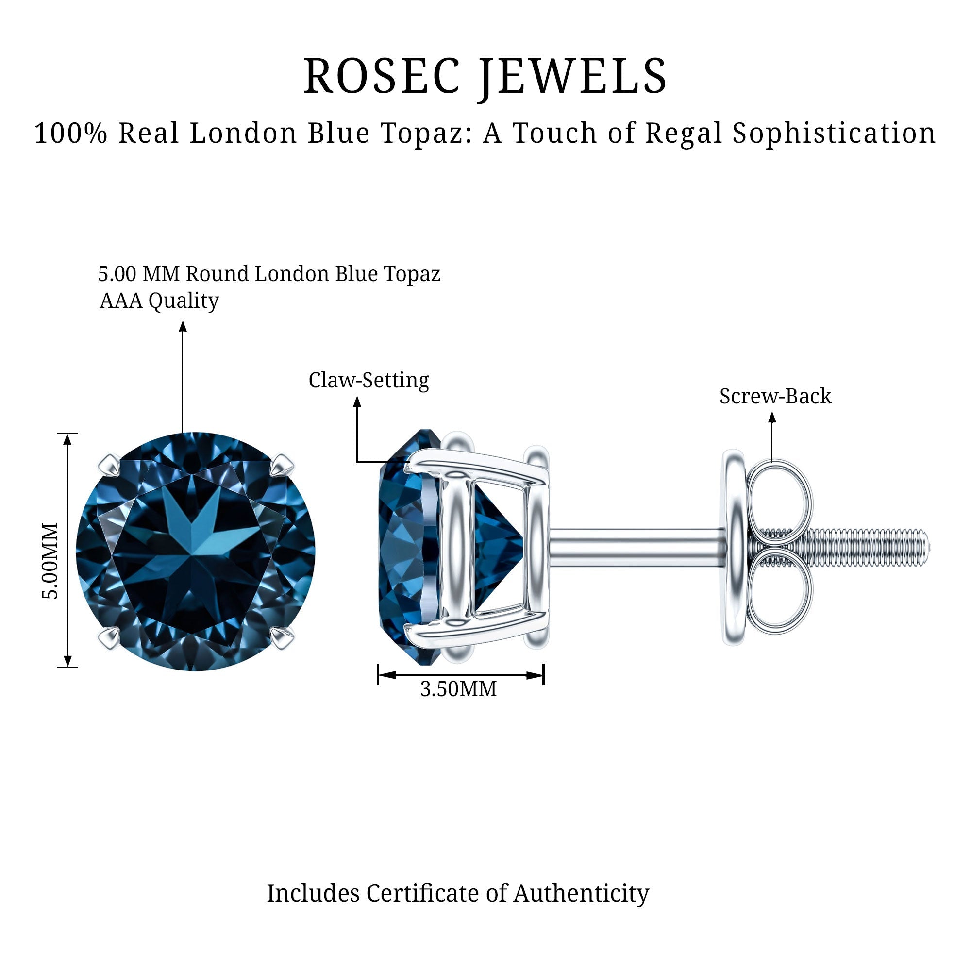 Real London Blue Topaz Solitaire Stud Earrings in Silver