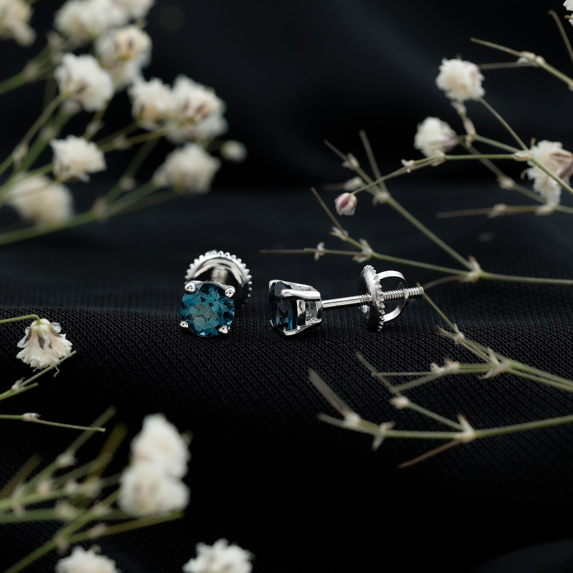 Real London Blue Topaz Solitaire Stud Earrings in Silver