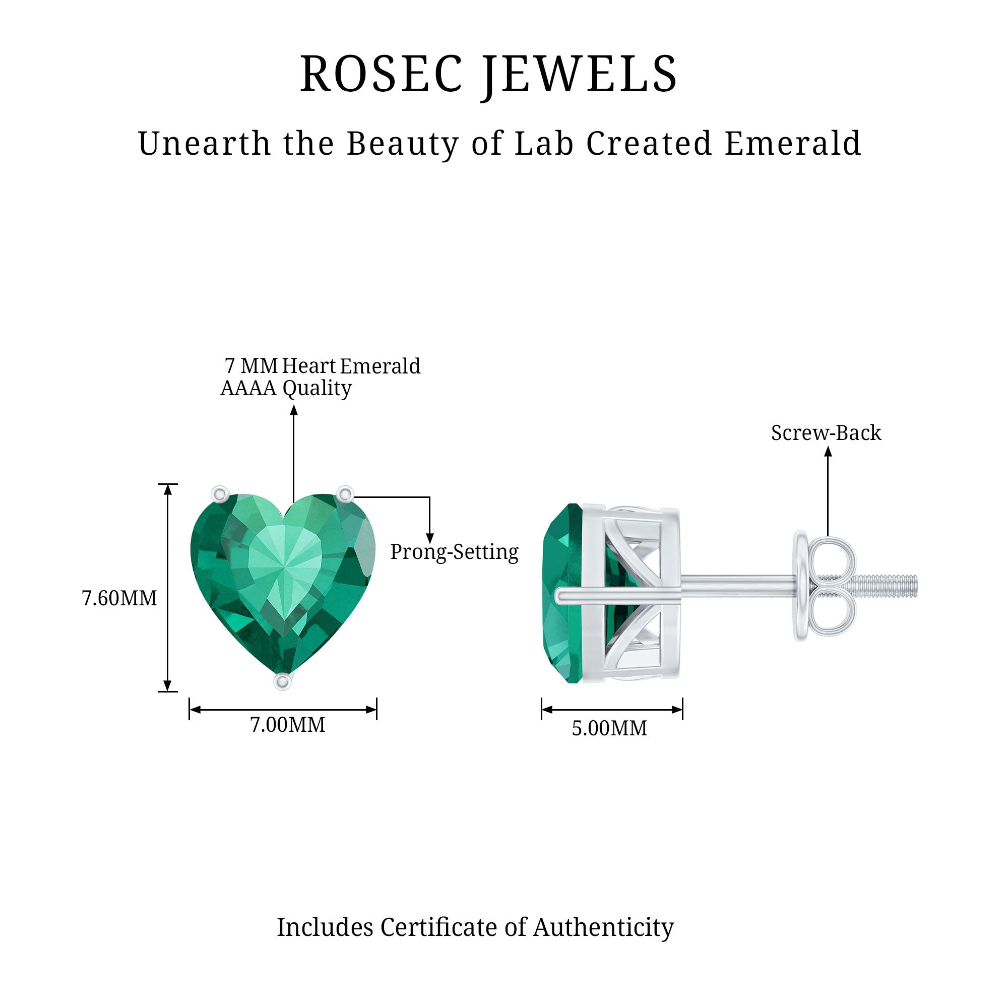 7MM Heart Shape Lab Created Emerald Solitaire Stud Earrings
