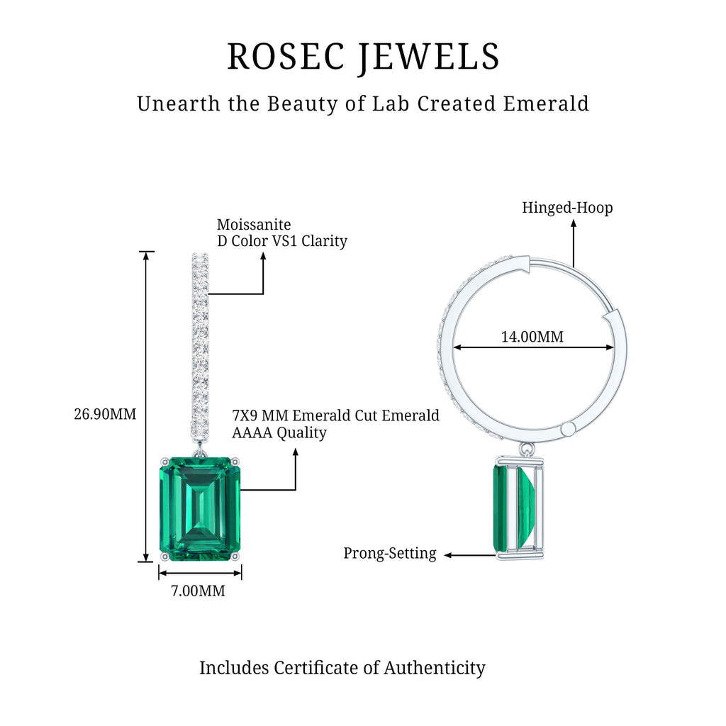 Certified 4.6 Carat Lab Created Emerald Hoop Drop Earrings in Silver