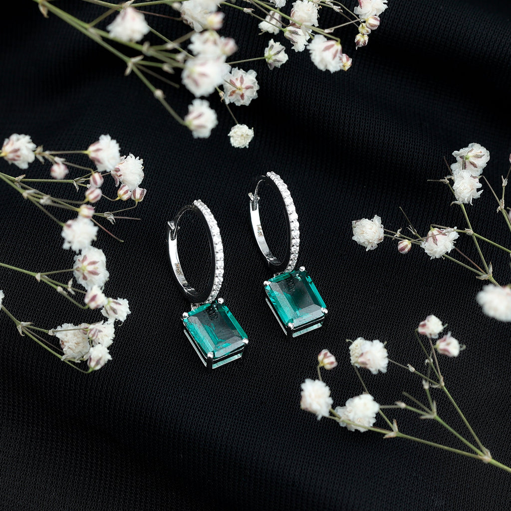 Certified 4.6 Carat Lab Created Emerald Hoop Drop Earrings in Silver