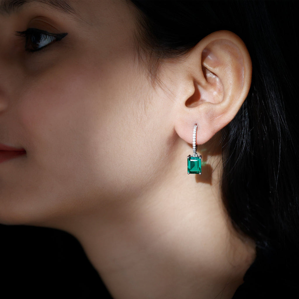 Certified 4.6 Carat Lab Created Emerald Hoop Drop Earrings in Silver