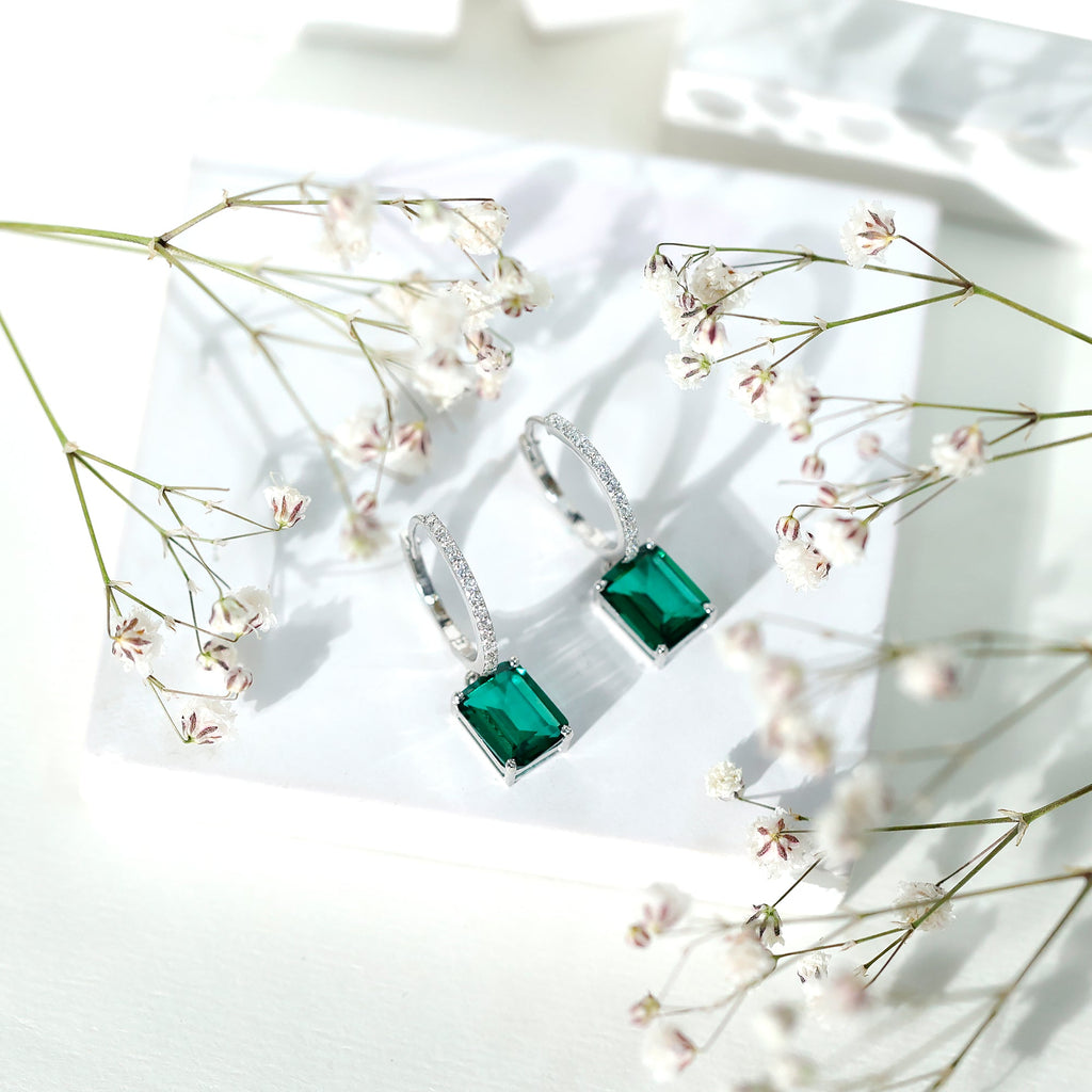 Certified 4.6 Carat Lab Created Emerald Hoop Drop Earrings in Silver