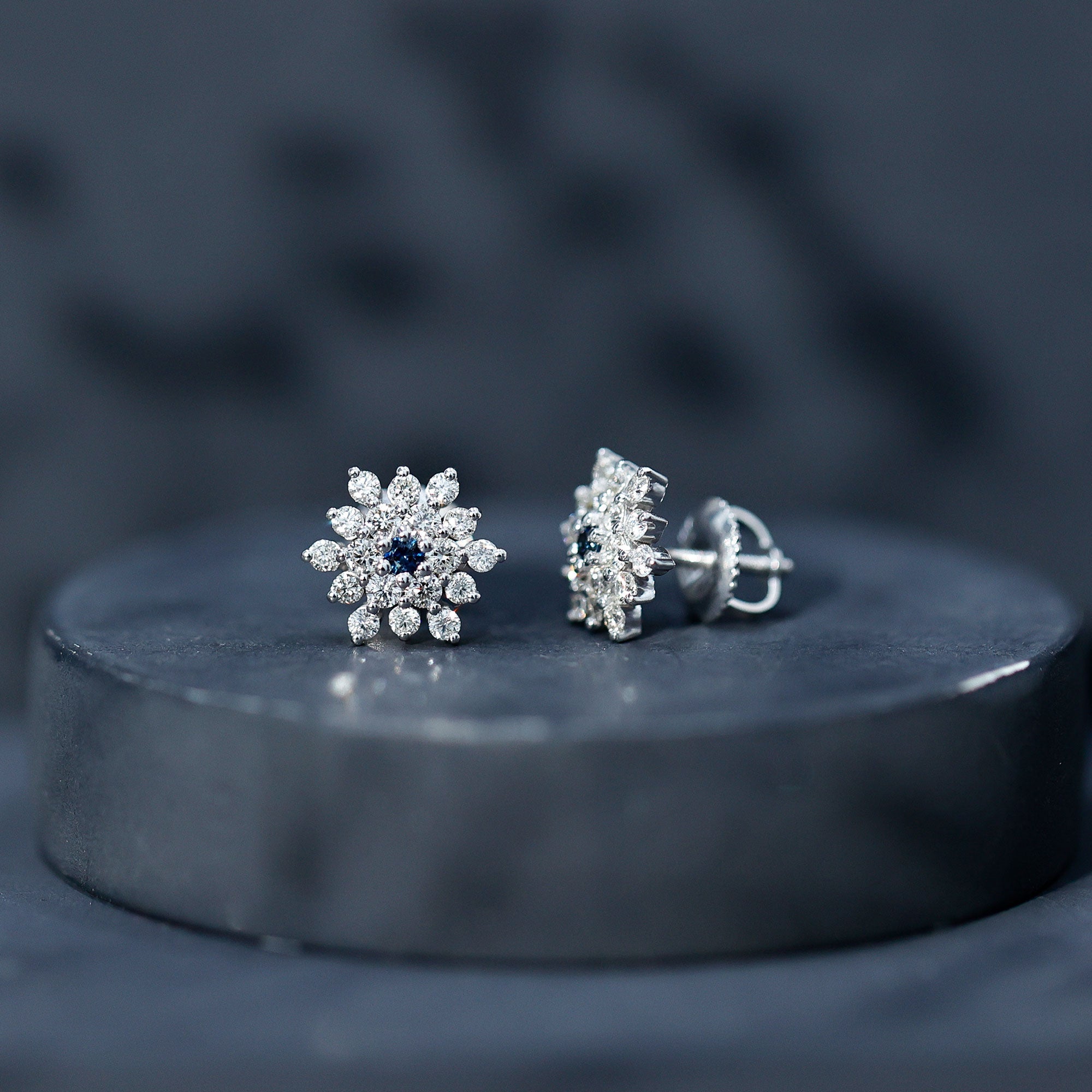 Created Blue Sapphire and Moissanite Cluster Statement Stud Earrings