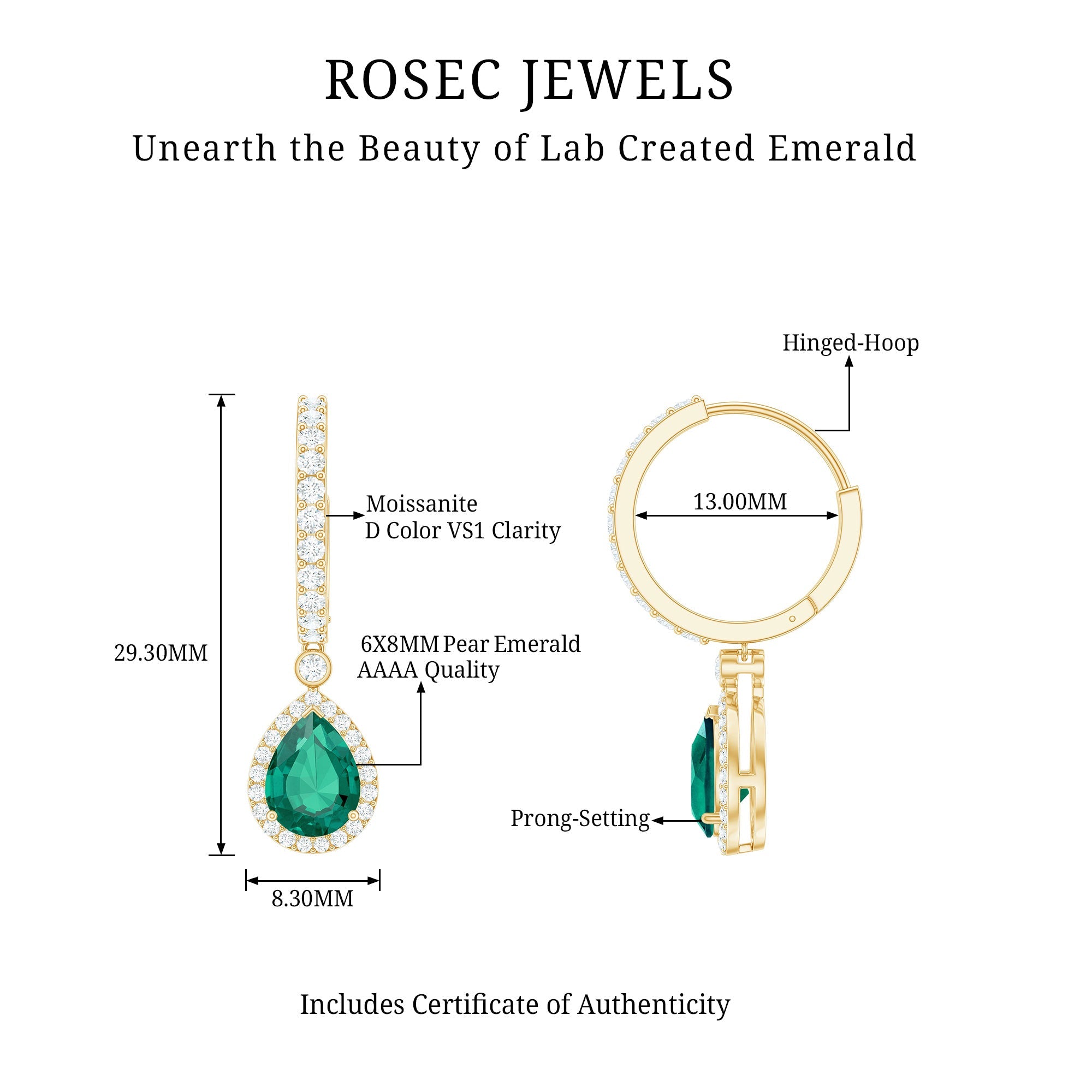 2 Carat Lab Created Emerald Teardrop Hoop Earrings with Moissanite