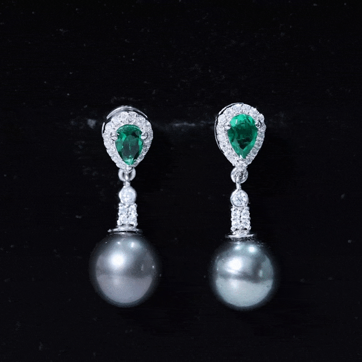 Vintage Looking Black Pearl Dangle Earrings with Emerald and Diamond