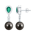 Vintage Looking Black Pearl Dangle Earrings with Emerald and Diamond