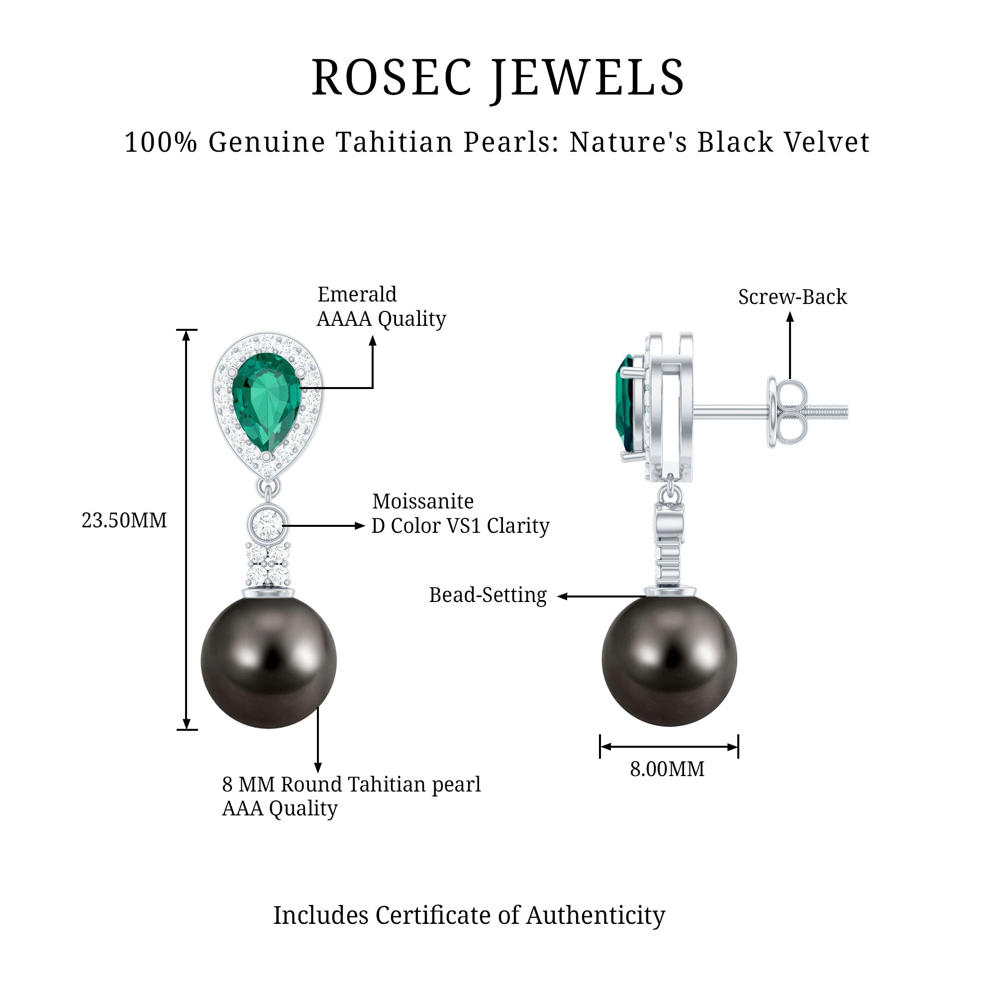 Vintage Looking Black Pearl Dangle Earrings with Emerald and Diamond