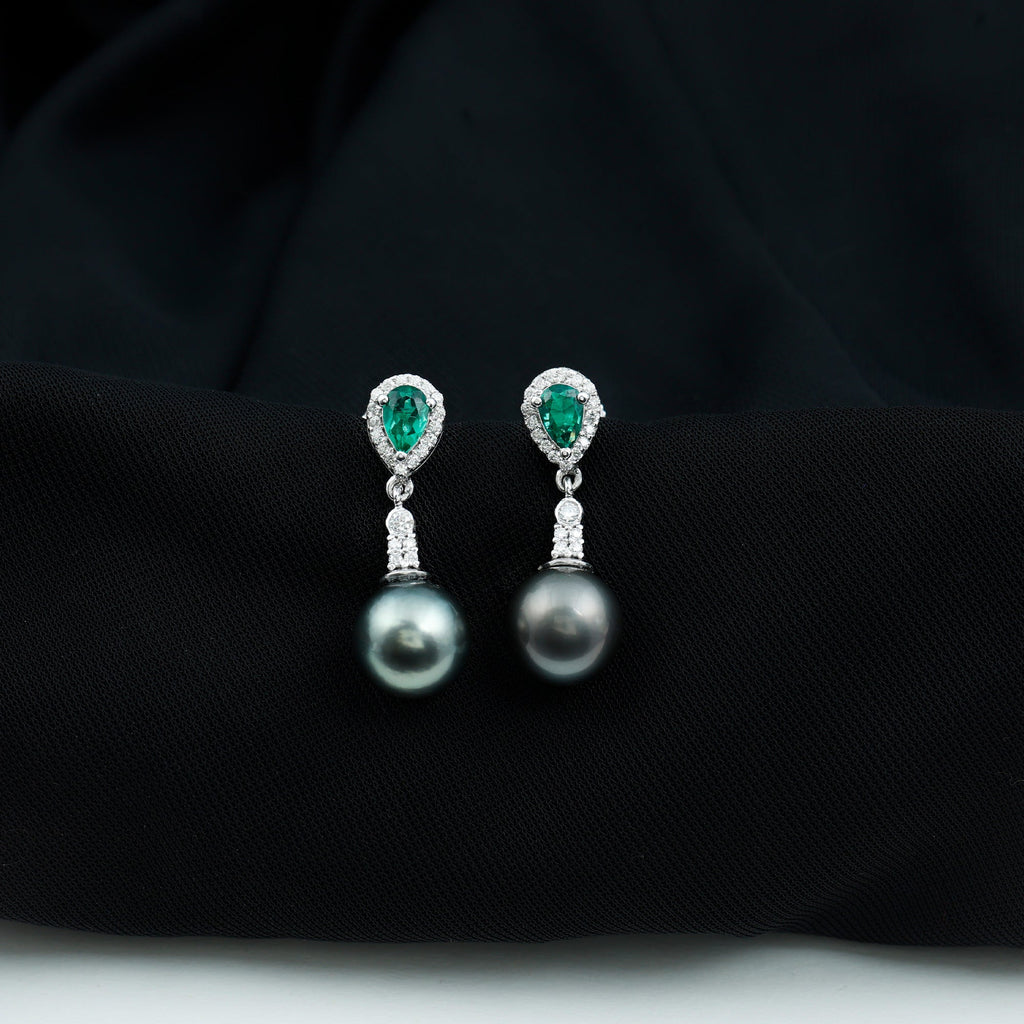 Vintage Looking Black Pearl Dangle Earrings with Emerald and Diamond