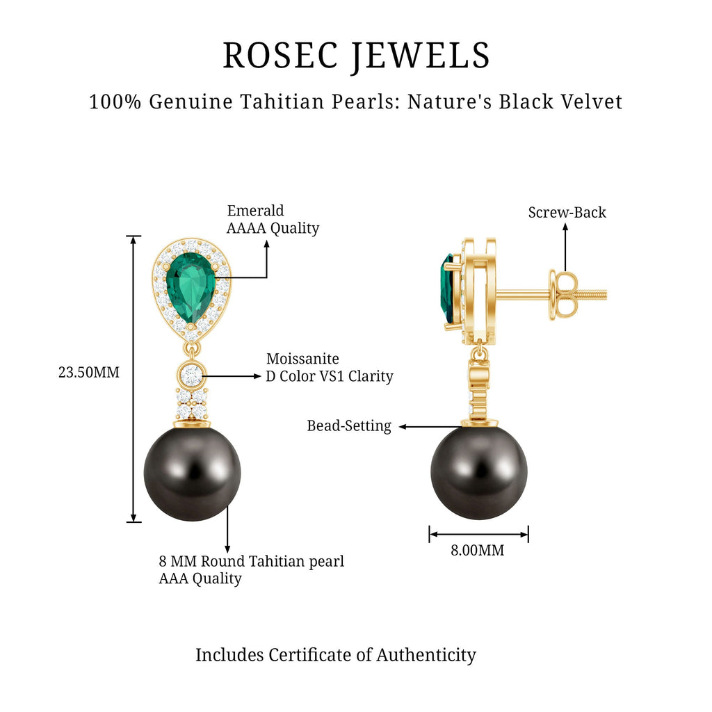 Vintage Looking Black Pearl Dangle Earrings with Emerald and Diamond