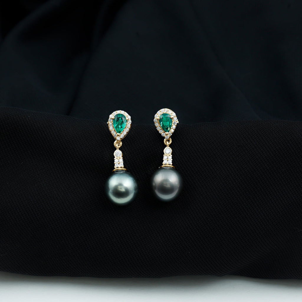 Vintage Looking Black Pearl Dangle Earrings with Emerald and Diamond