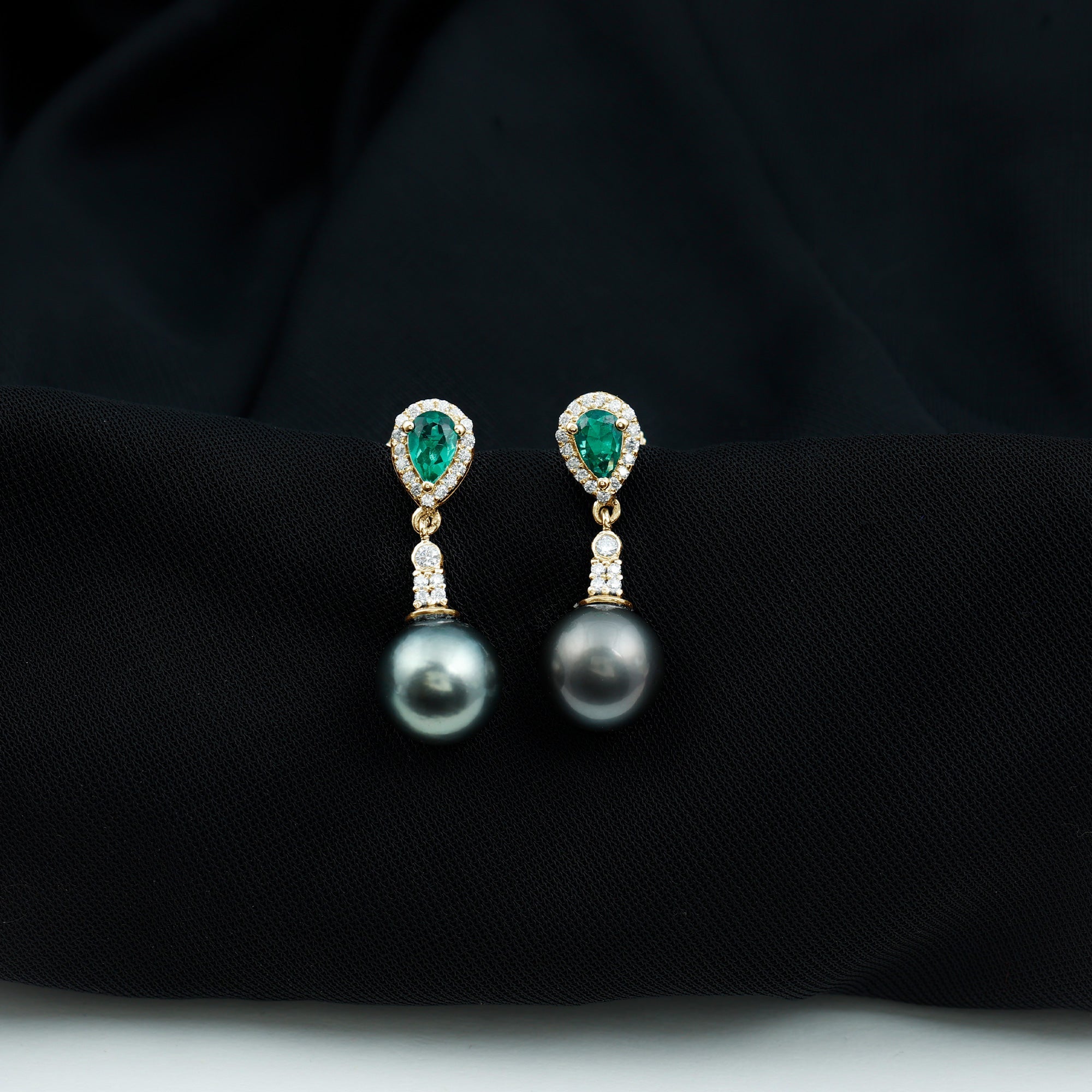 Vintage Looking Black Pearl Dangle Earrings with Emerald and Diamond