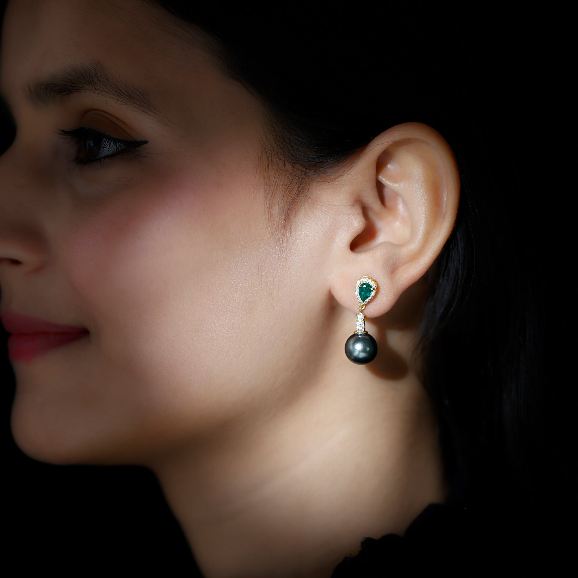 Vintage Looking Black Pearl Dangle Earrings with Emerald and Diamond