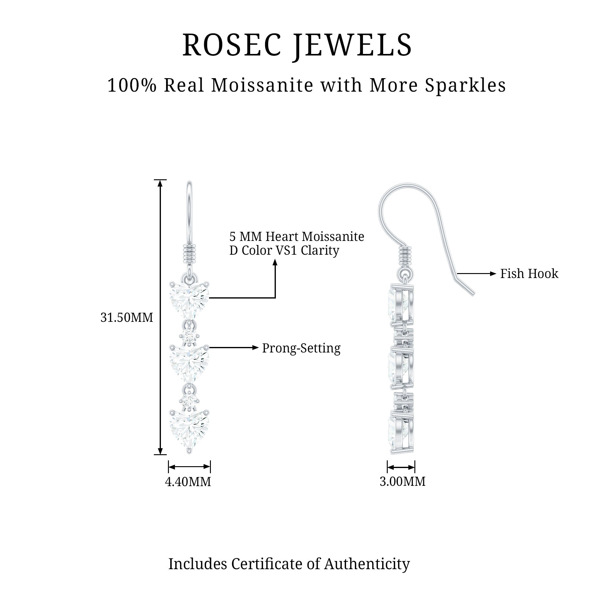 Heart and Round Shape Moissanite Dangle Earrings