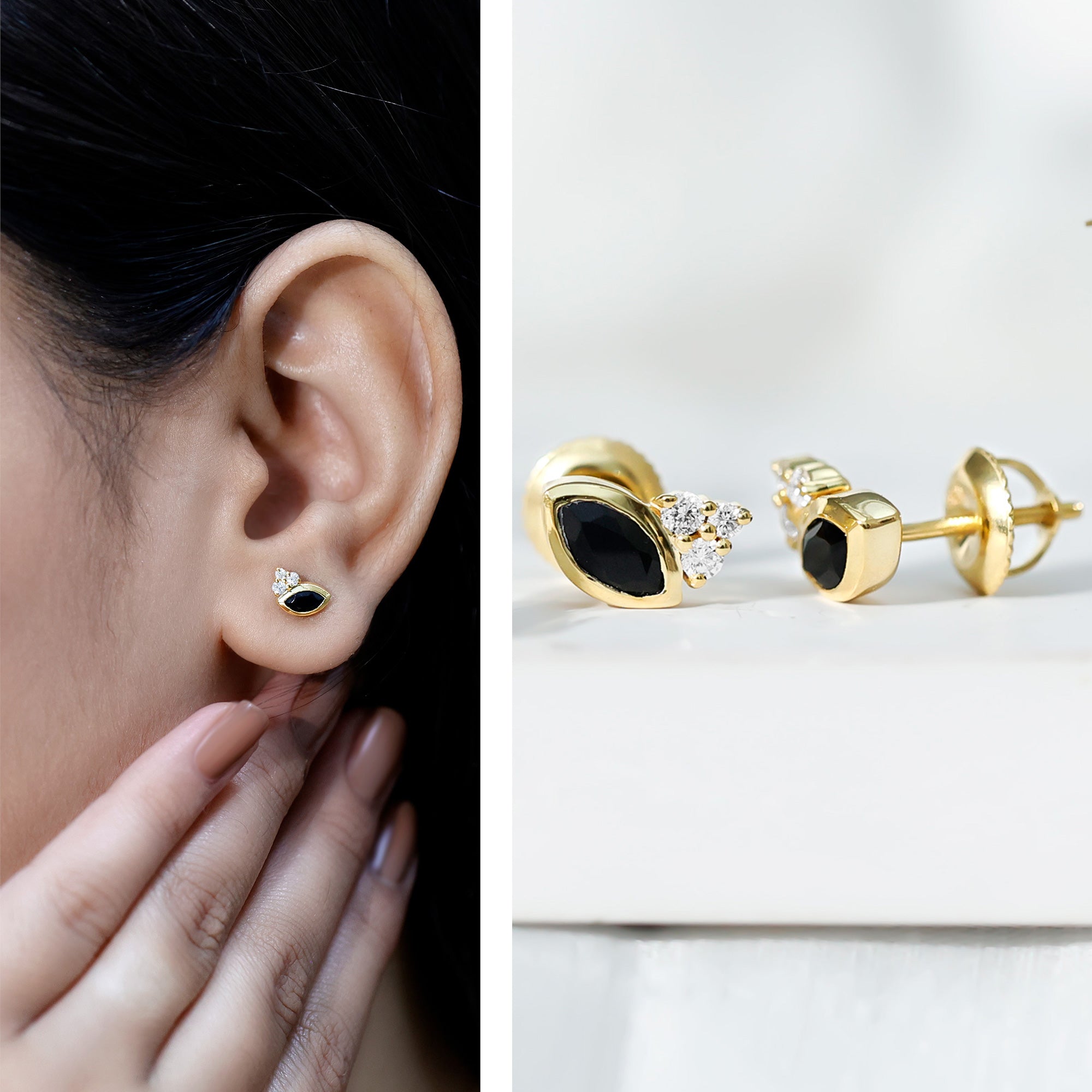 Marquise Cut Black Spinel Stud Earrings with Diamonds