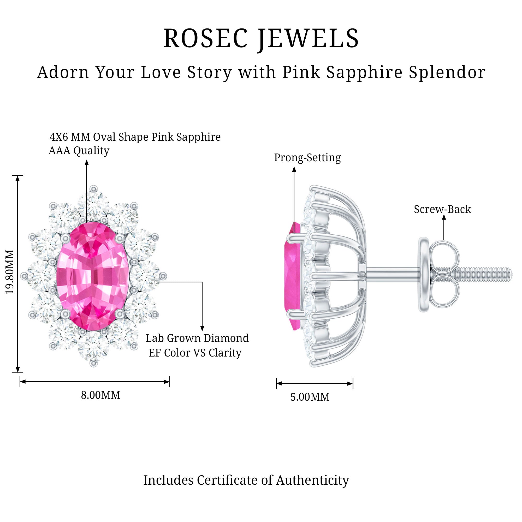 Genuine Pink Sapphire Halo Stud Earrings with Diamond