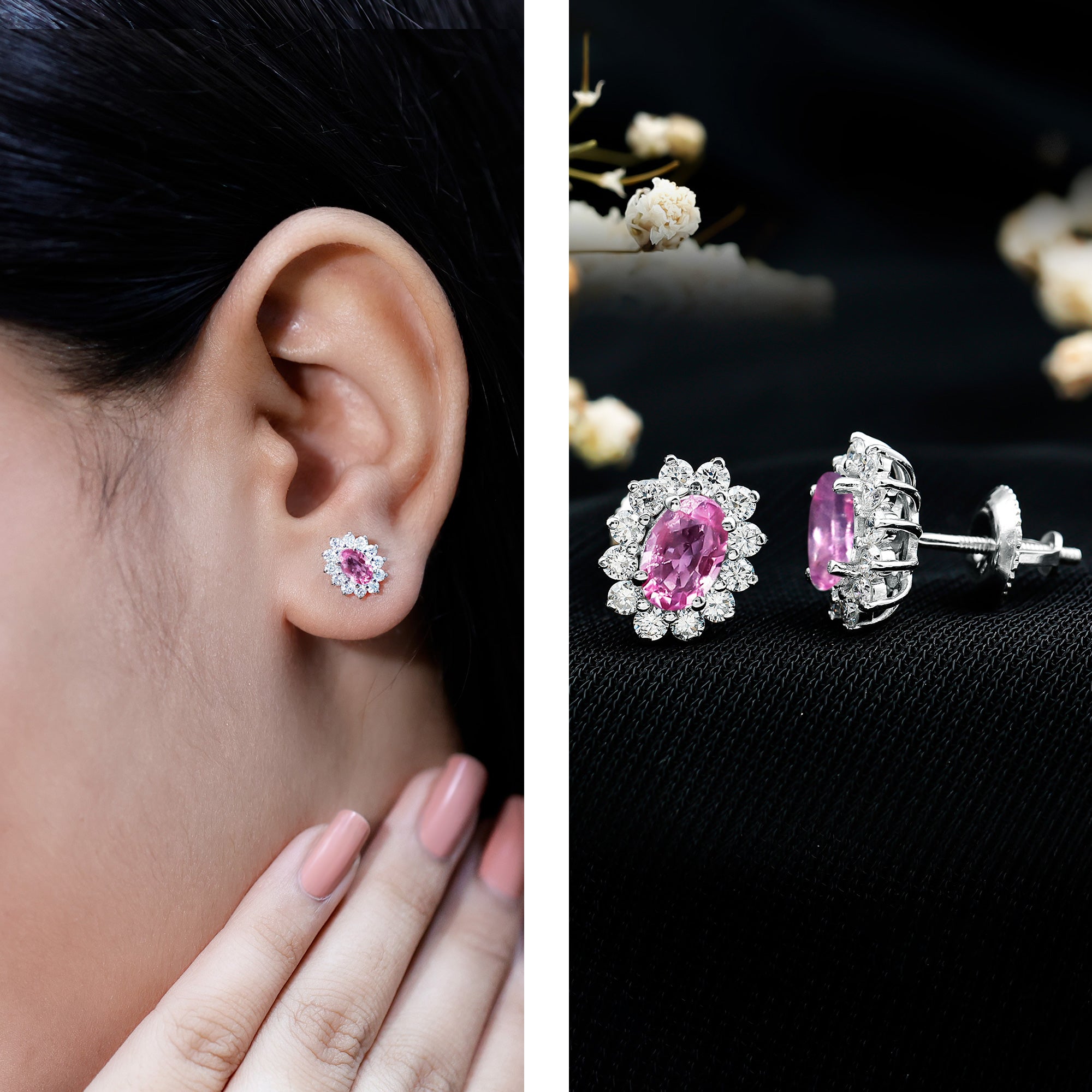 Genuine Pink Sapphire Halo Stud Earrings with Diamond