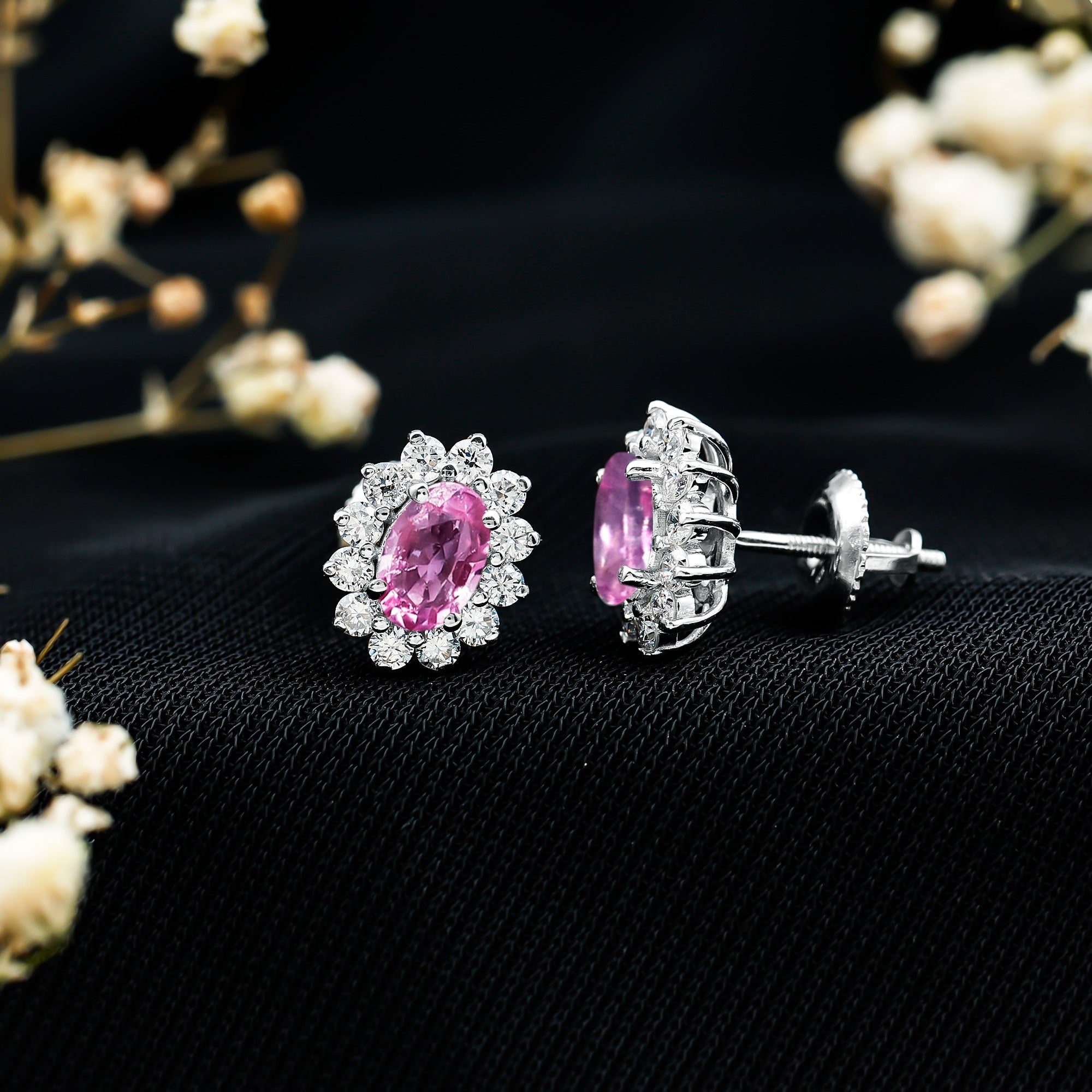 Genuine Pink Sapphire Halo Stud Earrings with Diamond