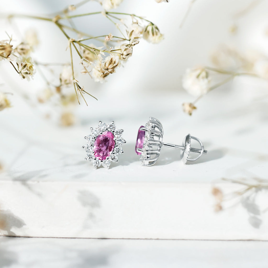 Genuine Pink Sapphire Halo Stud Earrings with Diamond
