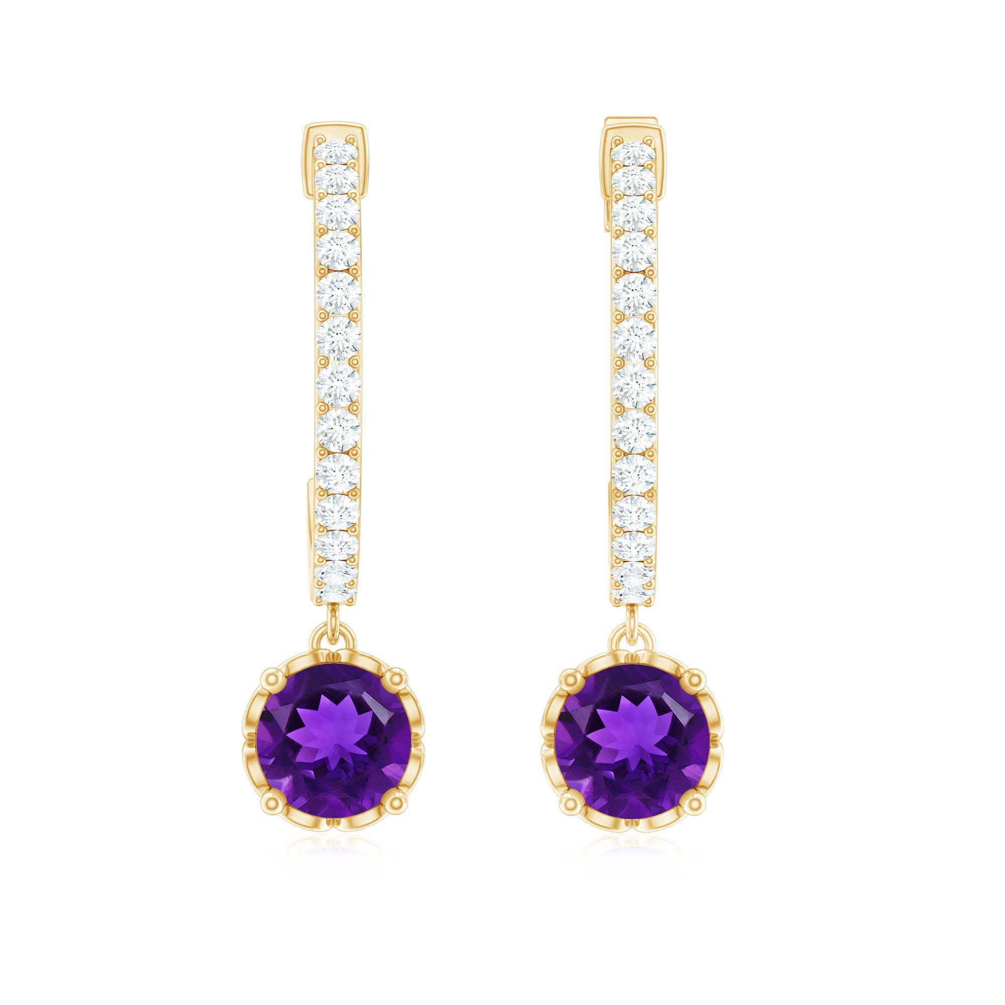 Natural Amethyst Hoop Drop Earrings with Diamond