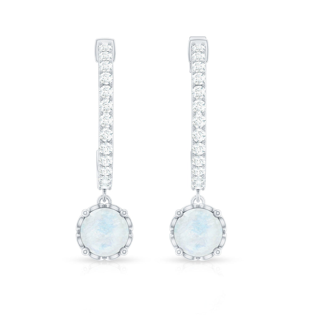 Natural Moonstone Drop Earrings with Diamond Hoop