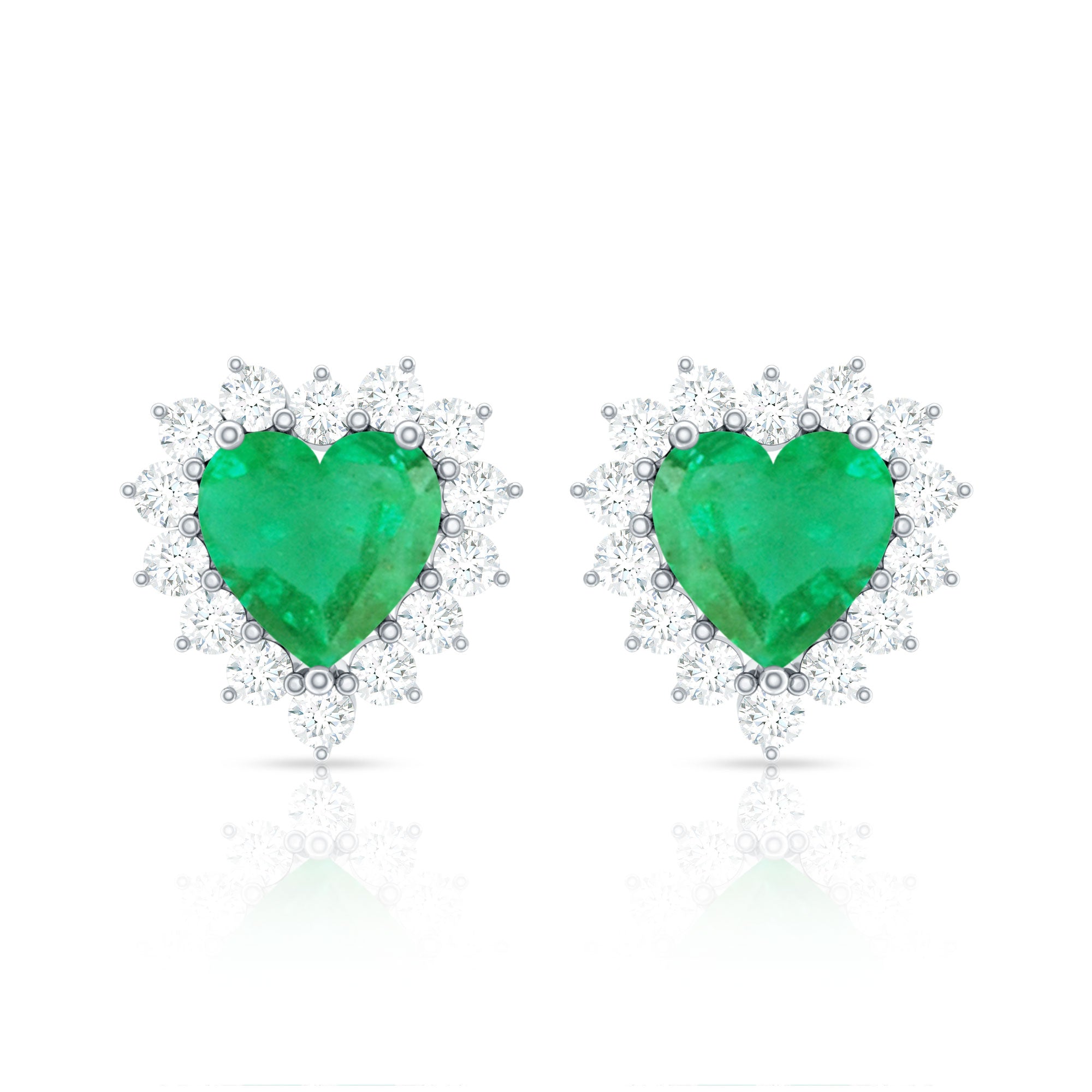 Natural Emerald Heart Stud Earrings with Diamond Halo