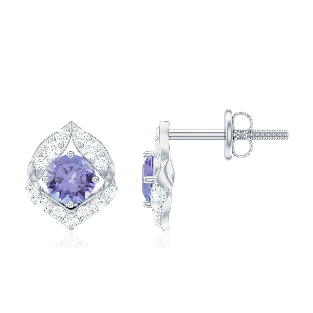 Natural 1 Carat Tanzanite Stud Earrings with Diamond or Women
