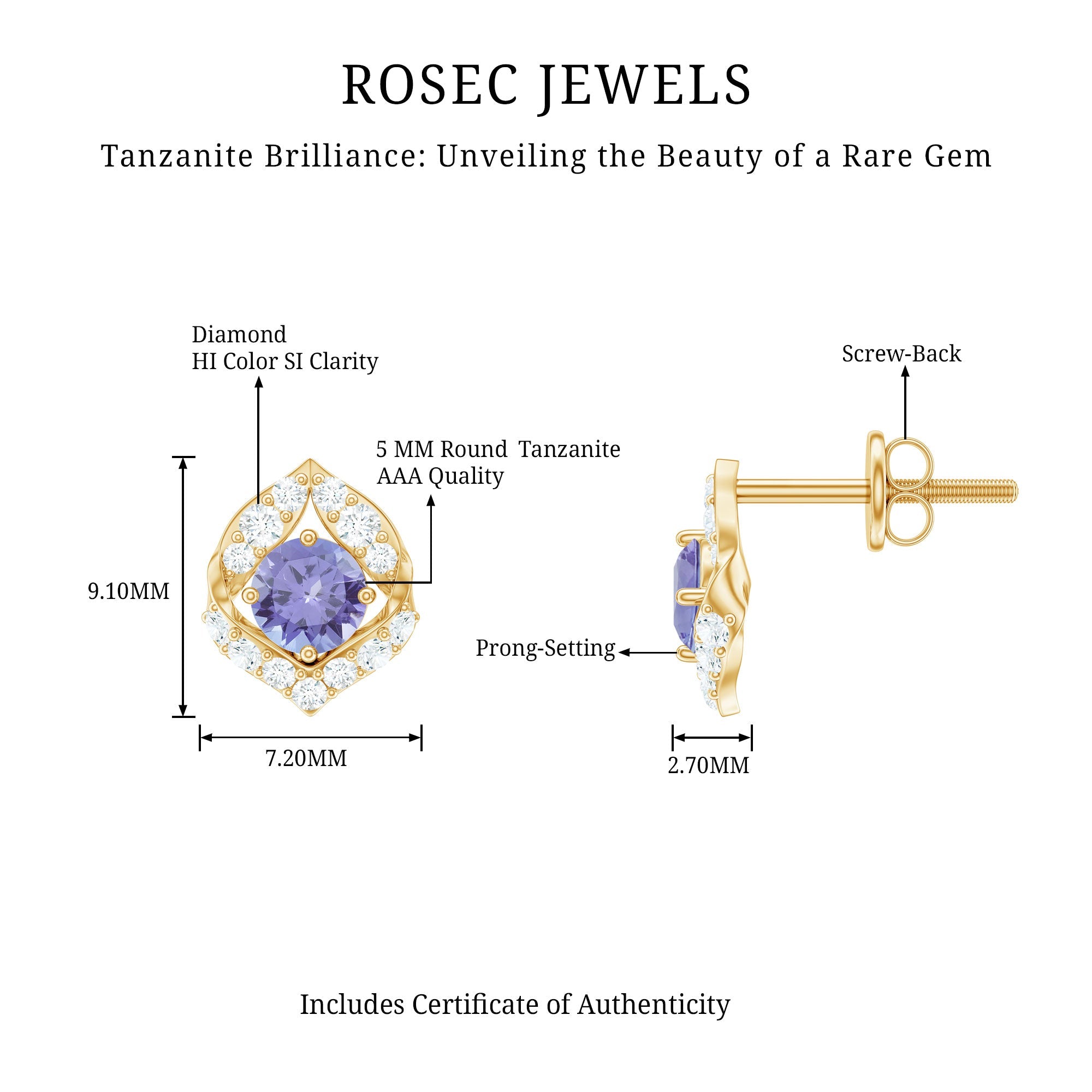 Natural 1 Carat Tanzanite Stud Earrings with Diamond or Women
