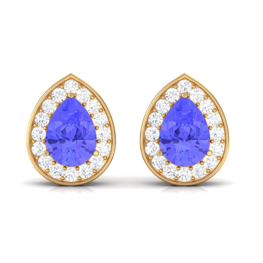 Real 1.6 Carat Pear Shape Tanzanite Stud Earrings with Diamond Halo