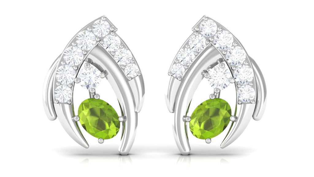 Natural Peridot Stud Earrings with Diamond for Women