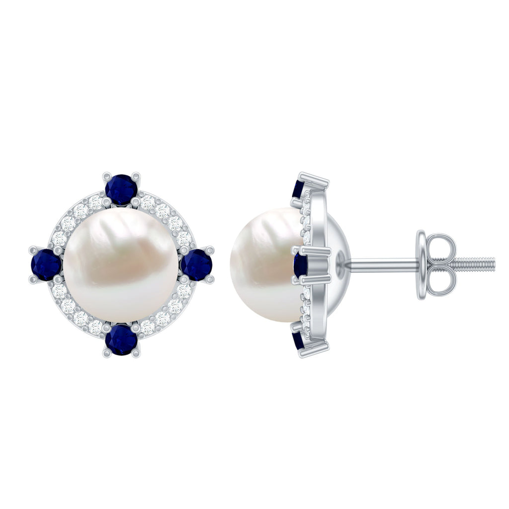 Certified Cultured Pearl and Sapphire Bridal Stud Earrings