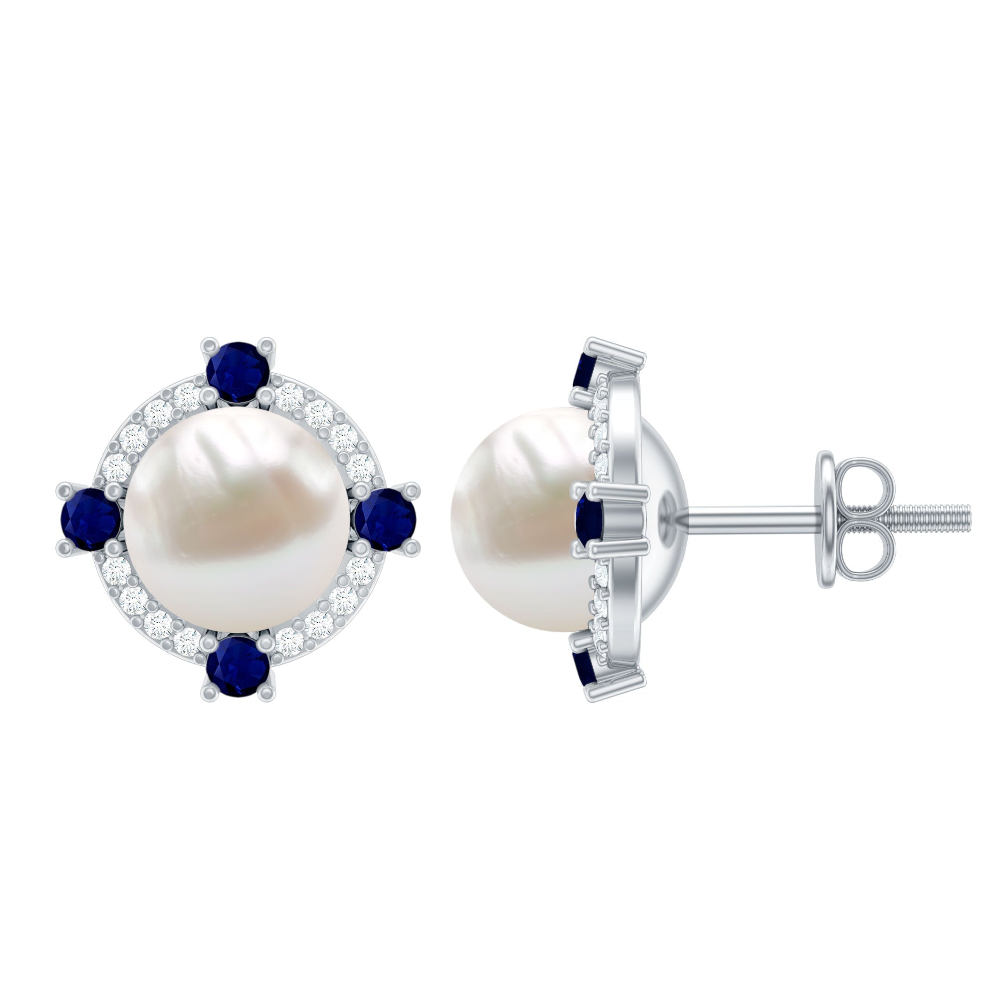 Certified Cultured Pearl and Sapphire Bridal Stud Earrings