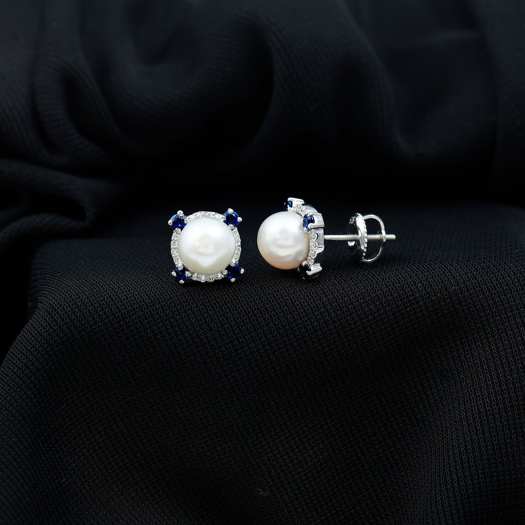 Certified Cultured Pearl and Sapphire Bridal Stud Earrings