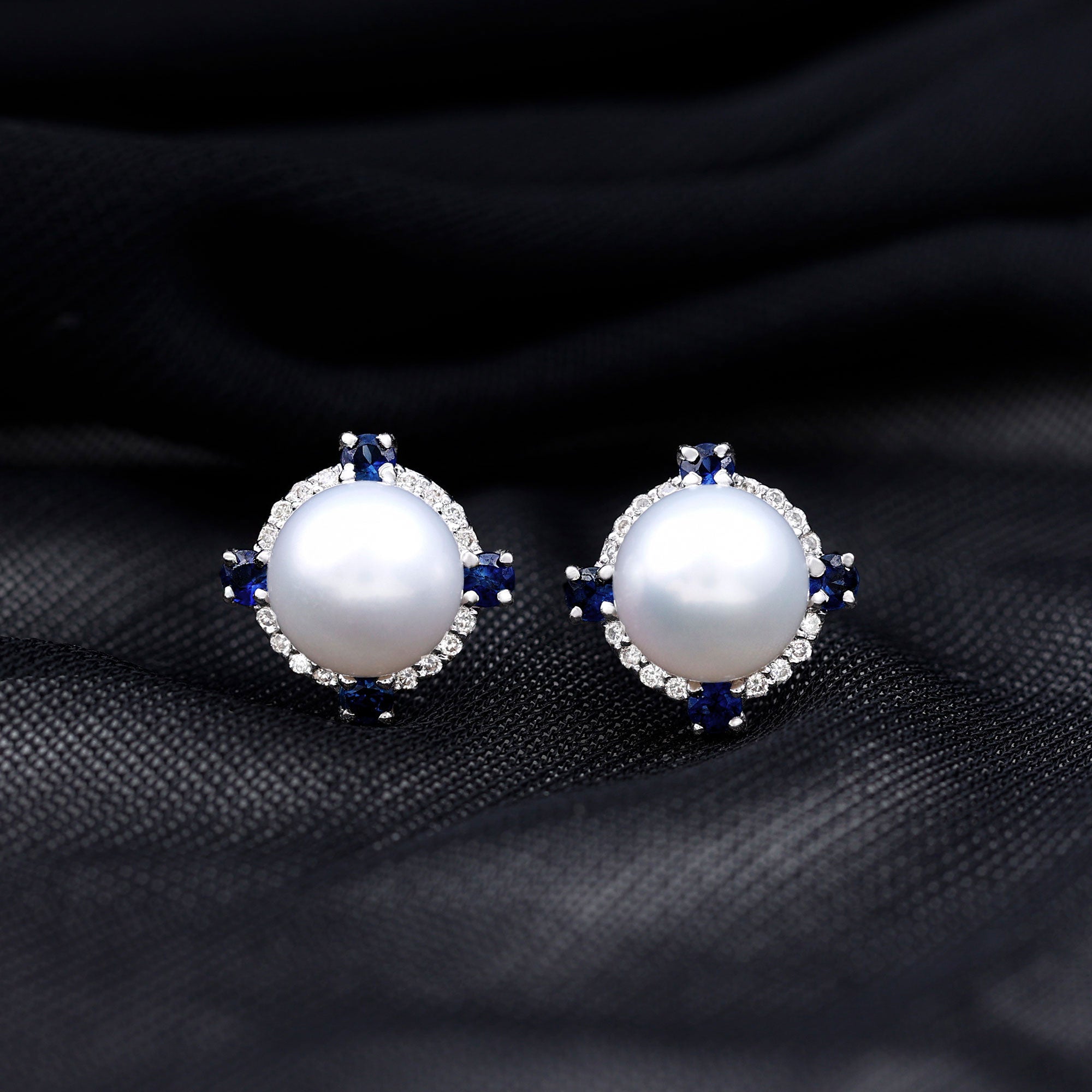 Certified Cultured Pearl and Sapphire Bridal Stud Earrings