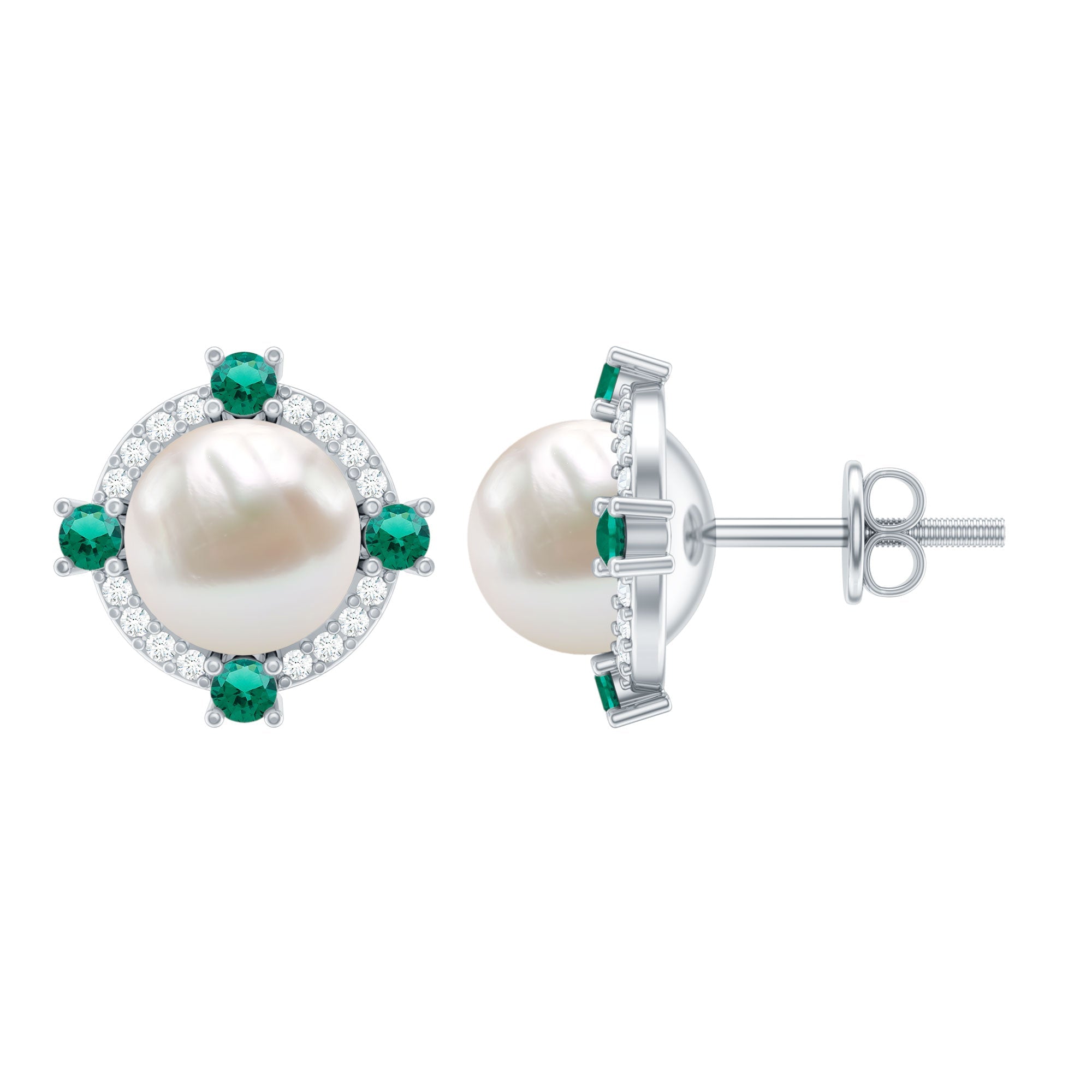 6 Carat Pearl Stud Earrings with Created Emerald and Diamond Halo