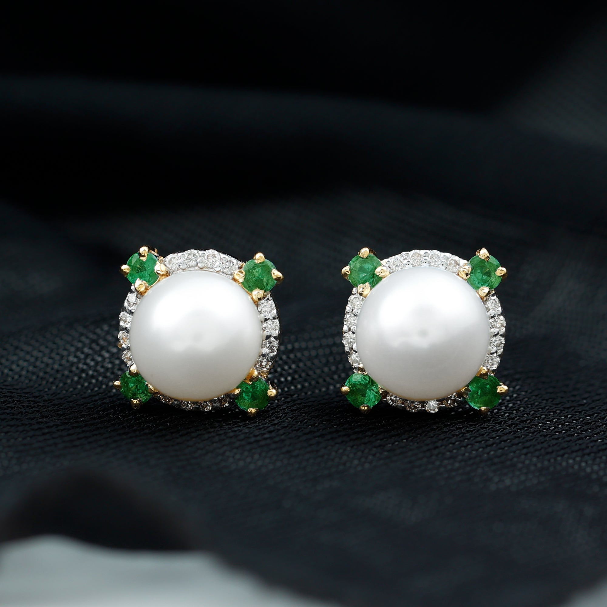 6 Carat Pearl Stud Earrings with Created Emerald and Diamond Halo