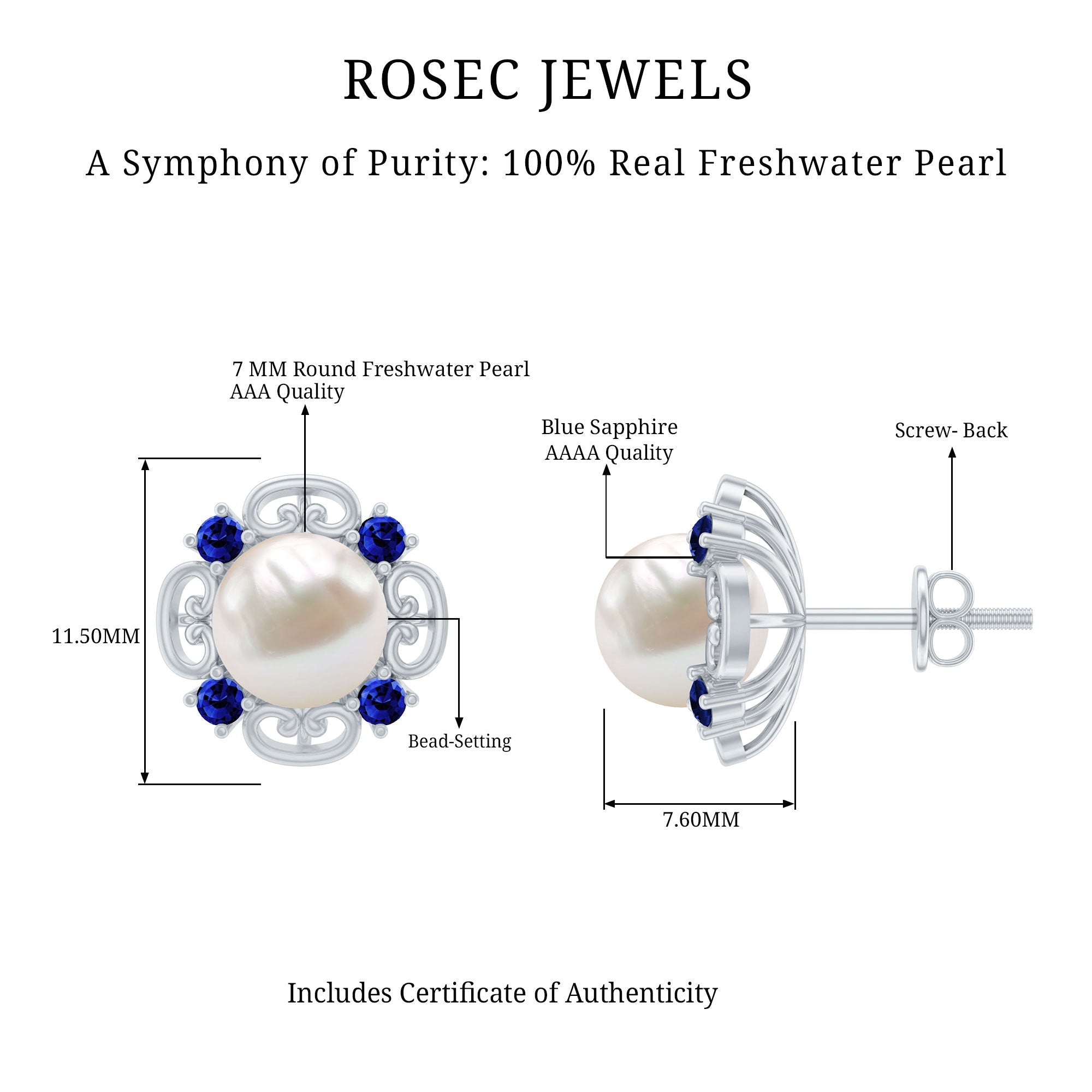 Vintage Freshwater Pearl Stud Earrings with Created Blue Sapphire