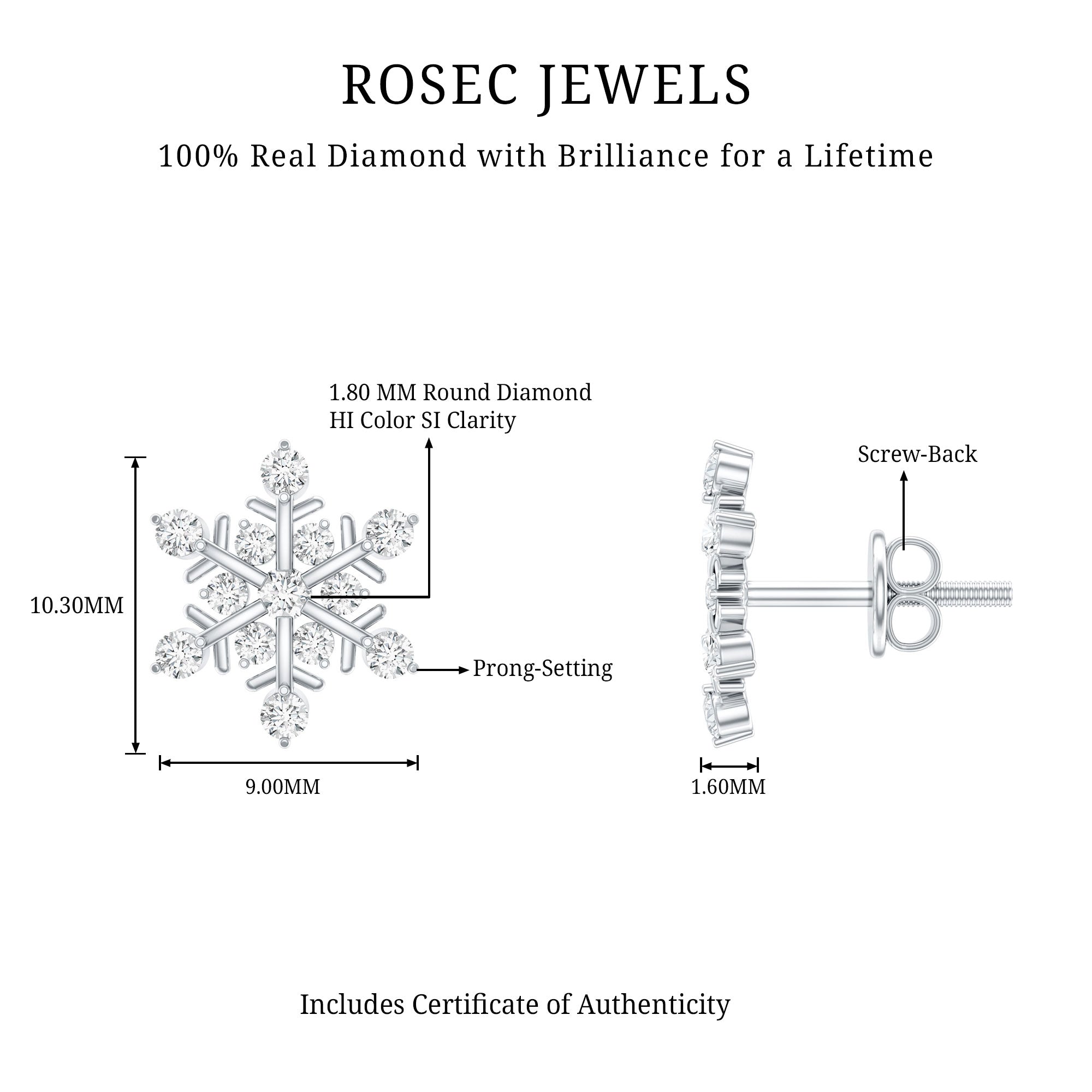 Certified Diamond Snowflake Stud Earrings with Screw Back