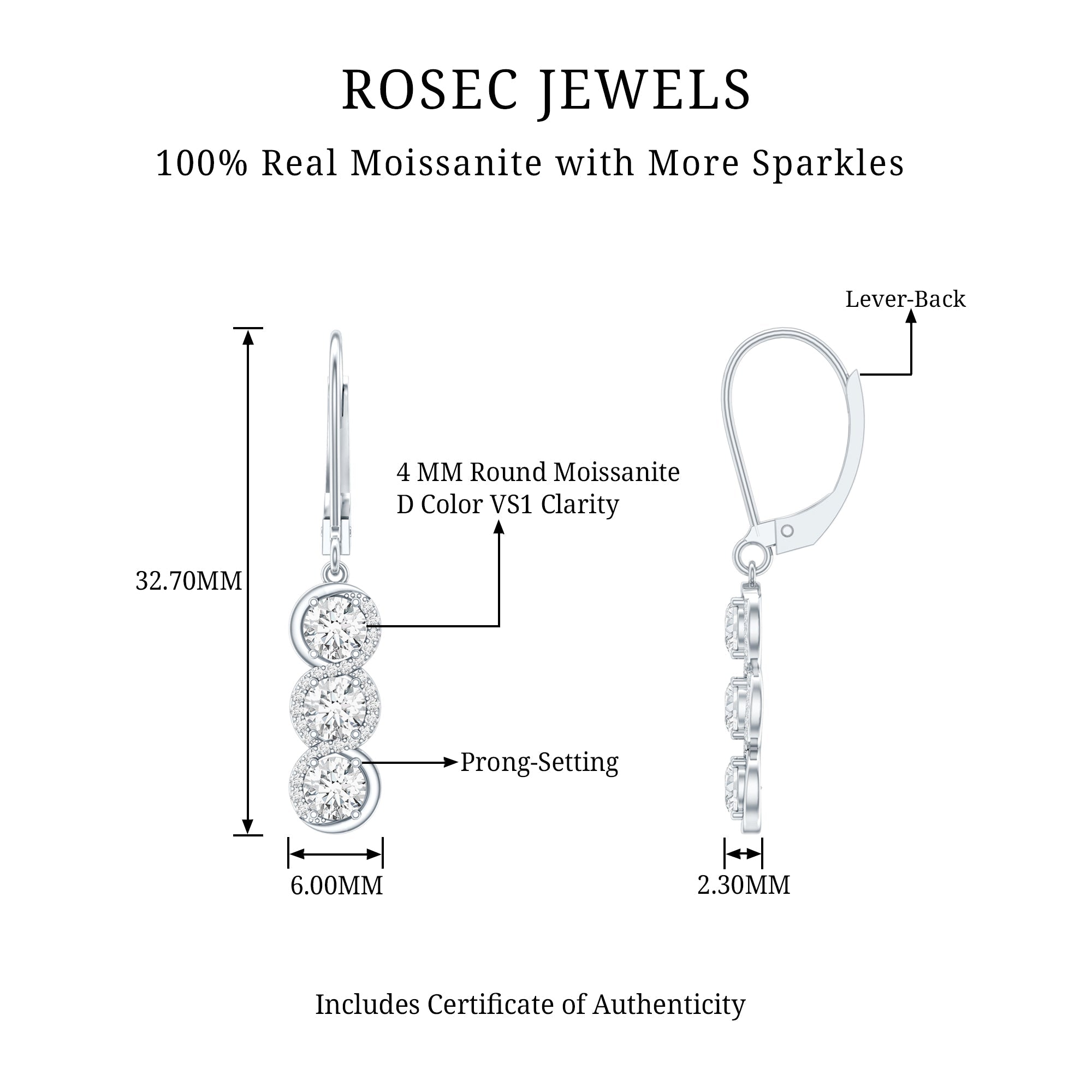 Certified Moissanite 3 Stone Drop Earrings in Sterling Silver