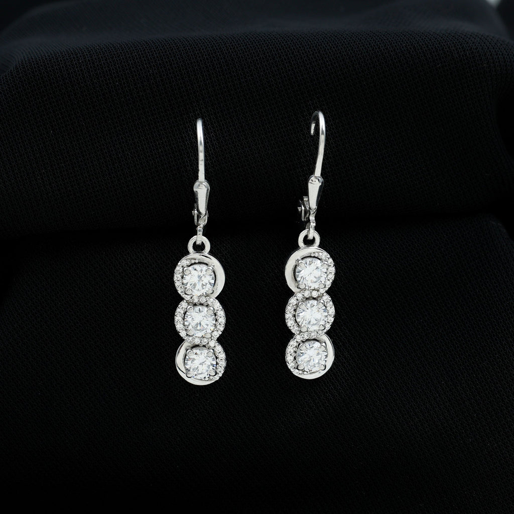 Certified Moissanite 3 Stone Drop Earrings in Sterling Silver