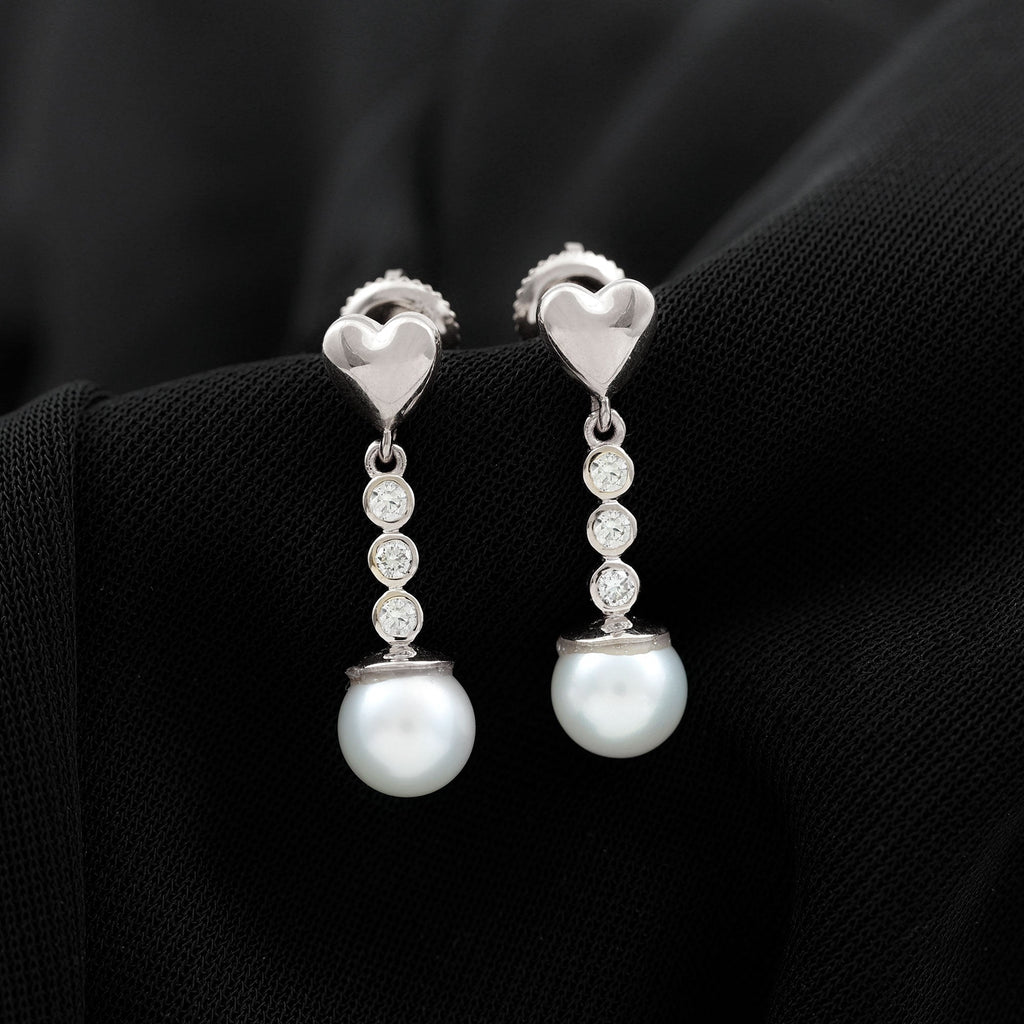 Genuine 6 Carat Freshwater Pearl and Diamond Dangle Earrings