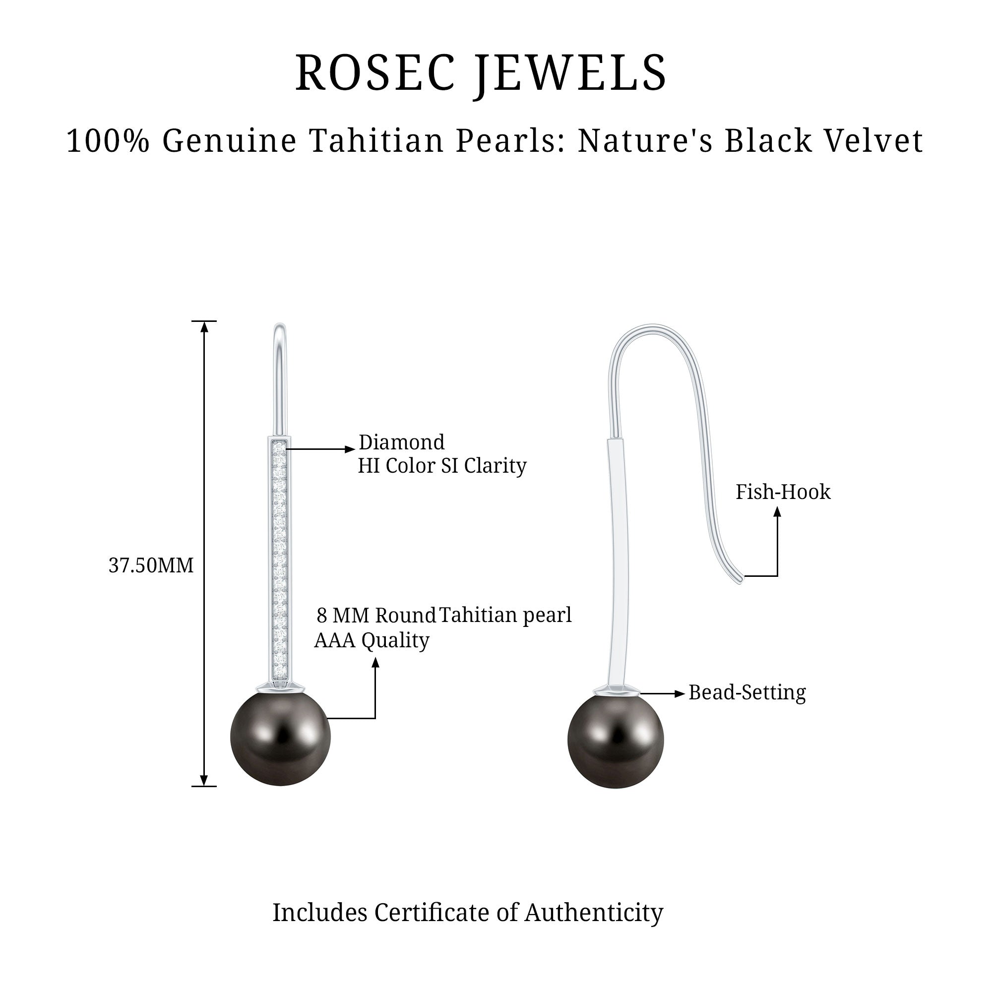 Genuine 15 CT Tahitian Black Pearl and Diamond Dangle Drop Earrings