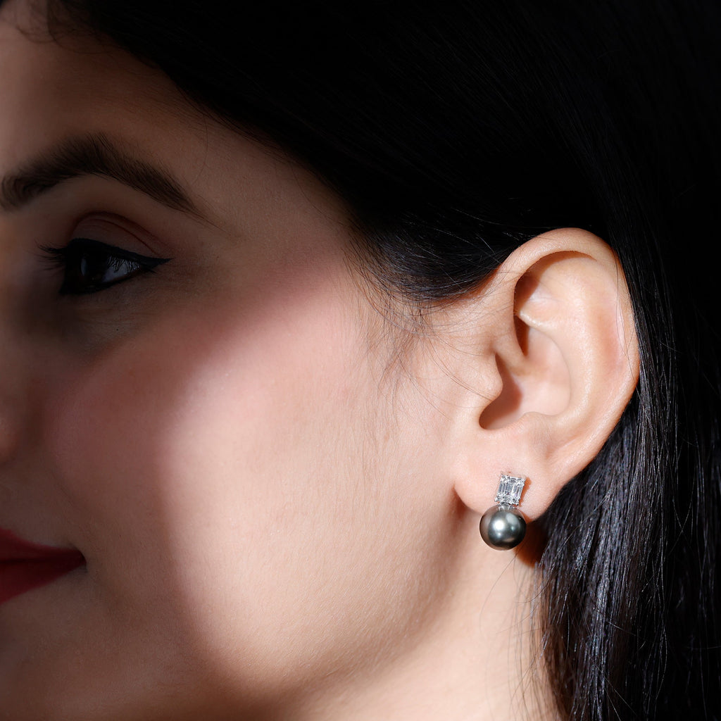 Real 16 Carat Tahitian Black Pearl Bridal Stud Earrings with Diamonds