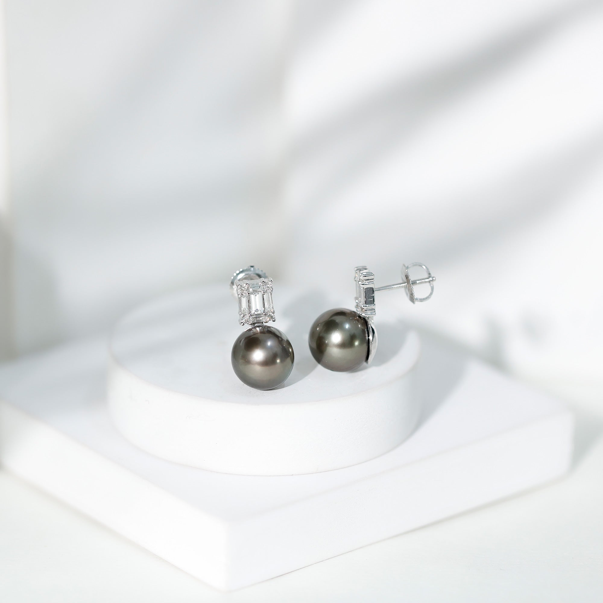 Real 16 Carat Tahitian Black Pearl Bridal Stud Earrings with Diamonds
