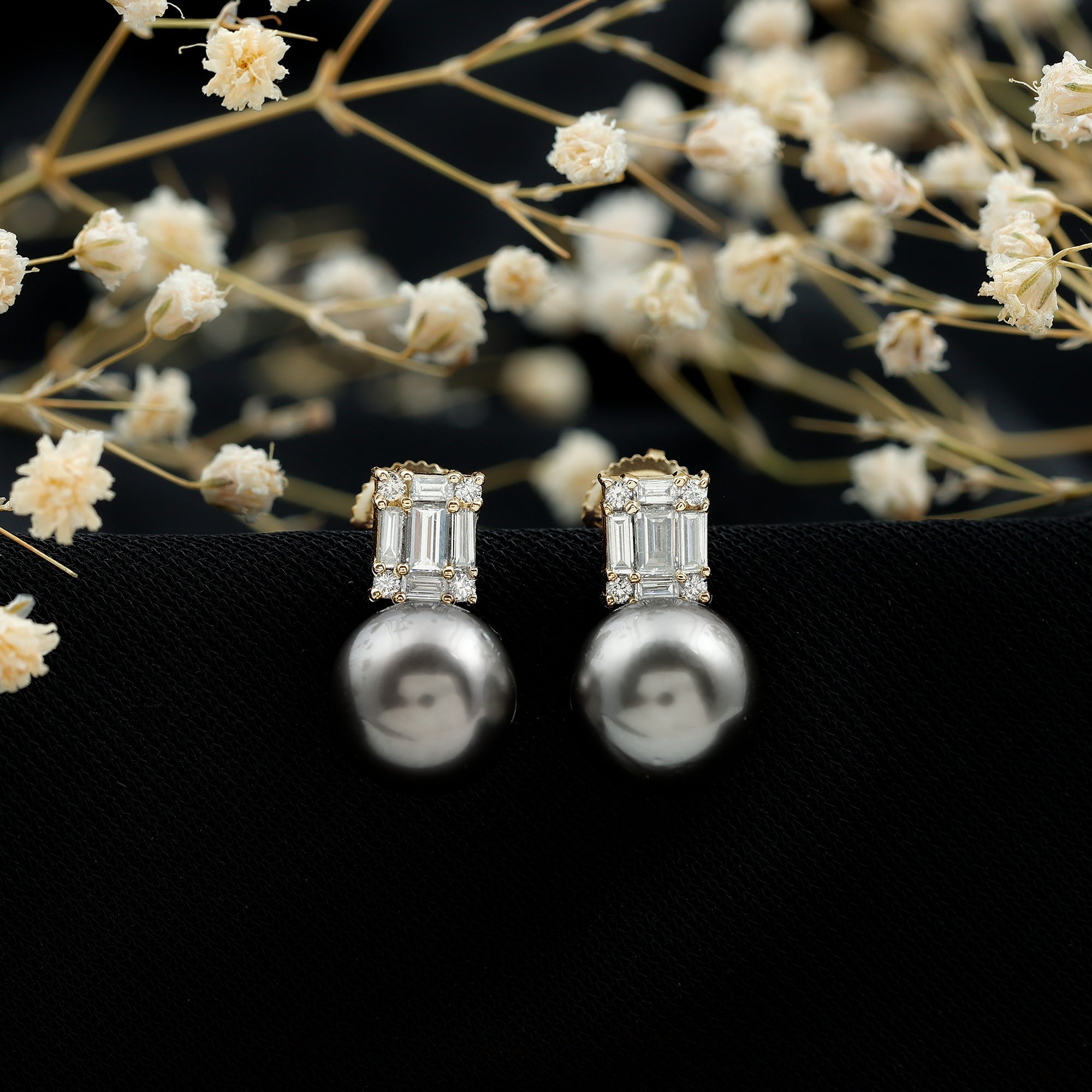 Real 16 Carat Tahitian Black Pearl Bridal Stud Earrings with Diamonds
