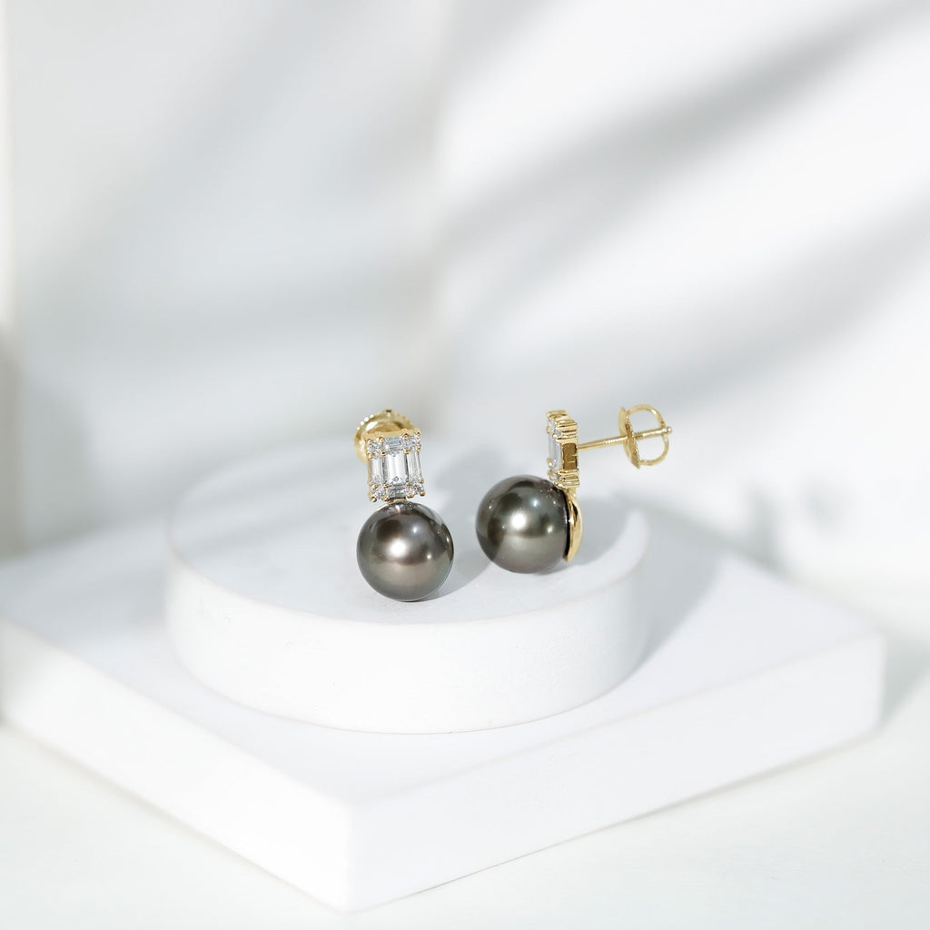 Real 16 Carat Tahitian Black Pearl Bridal Stud Earrings with Diamonds