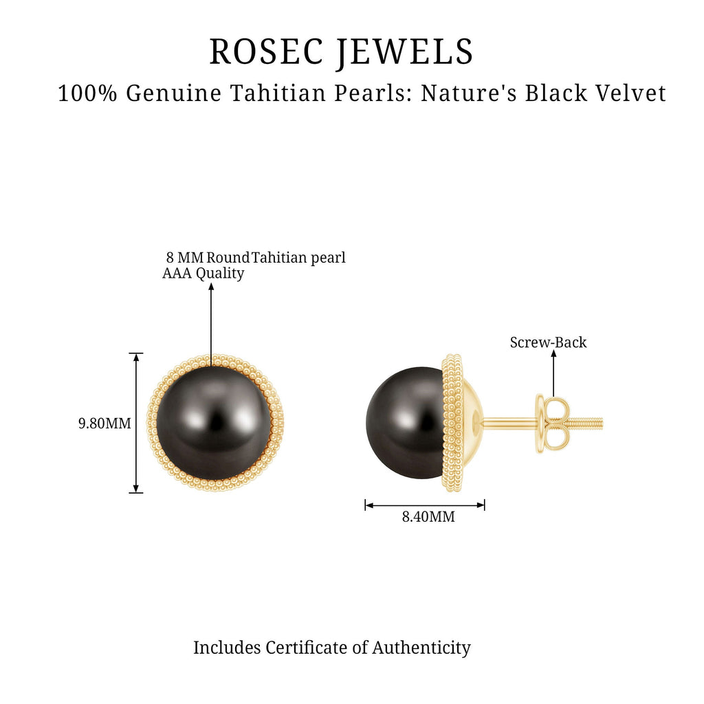 8MM Tahitian Black Pearl Solitaire Stud Earrings with Beaded Detail