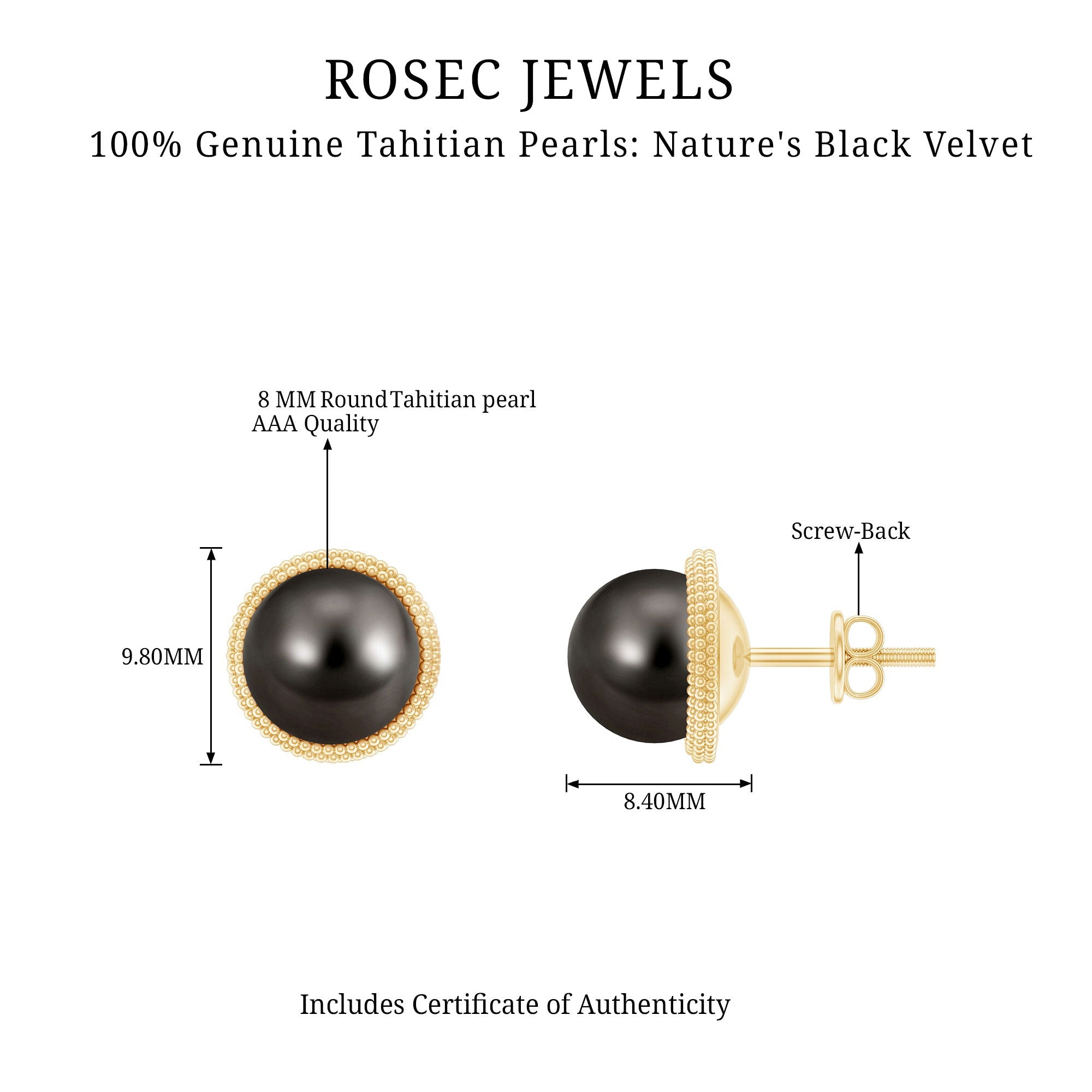 8MM Tahitian Black Pearl Solitaire Stud Earrings with Beaded Detail