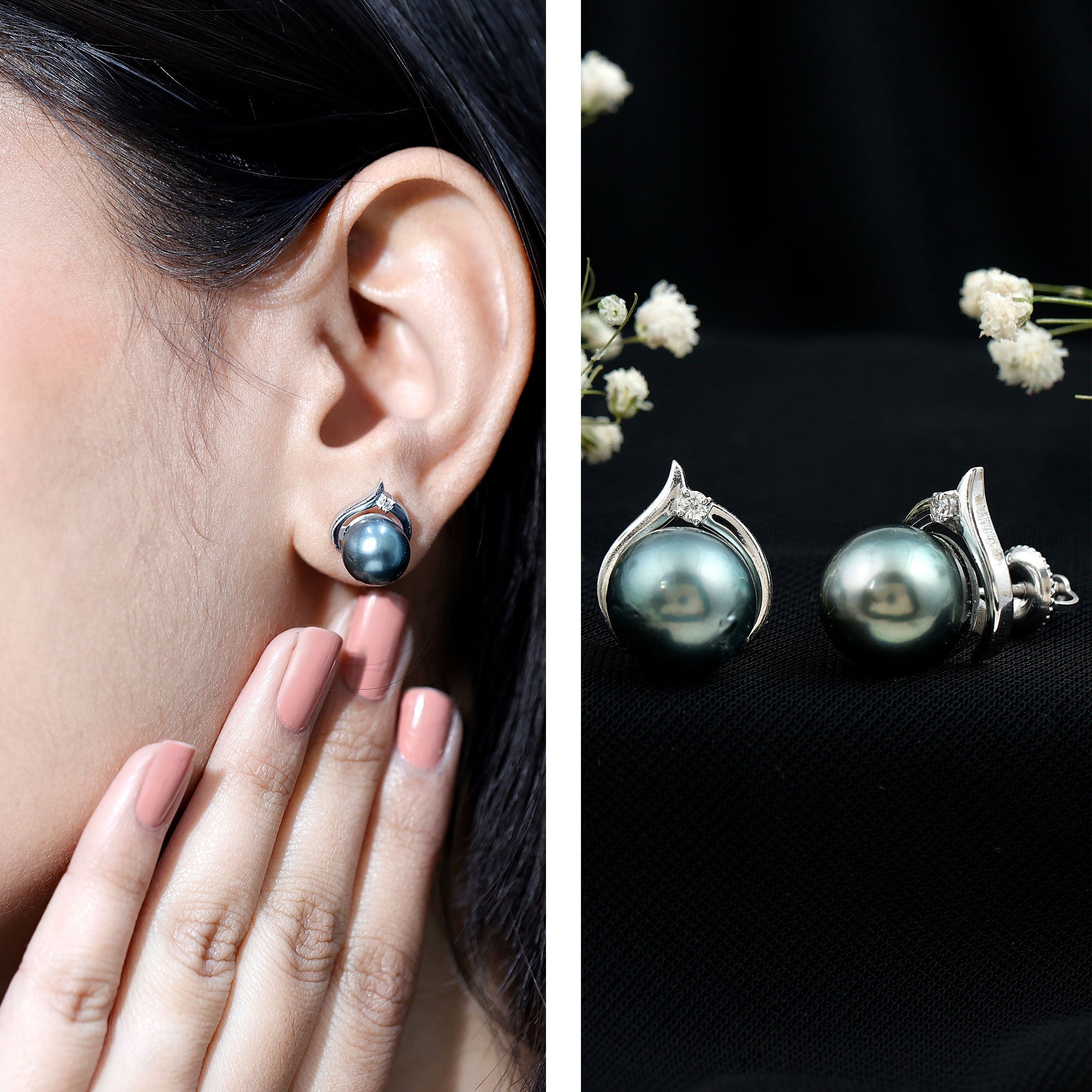 Cultured 16 Carat Tahitian Pearl Bridal Stud Earrings with Diamond